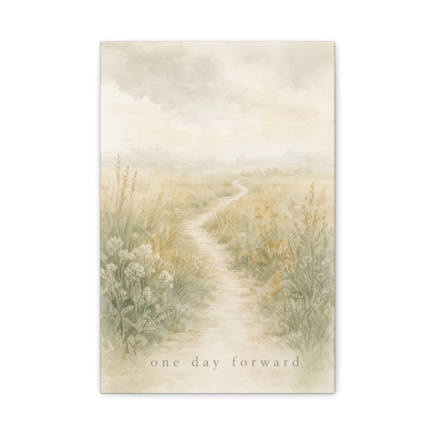 "One Day Forward" Inspirational Canvas Wall Art - Soft Meadow Path Watercolor Print, Neutral Sage Beige Botanical Landscape, Bedroom Wall Decor, Meditation Space Home Decoration - Ready to Hang