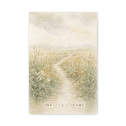 "One Day Forward" Inspirational Canvas Wall Art - Soft Meadow Path Watercolor Print, Neutral Sage Beige Botanical Landscape, Bedroom Wall Decor, Meditation Space Home Decoration - Ready to Hang