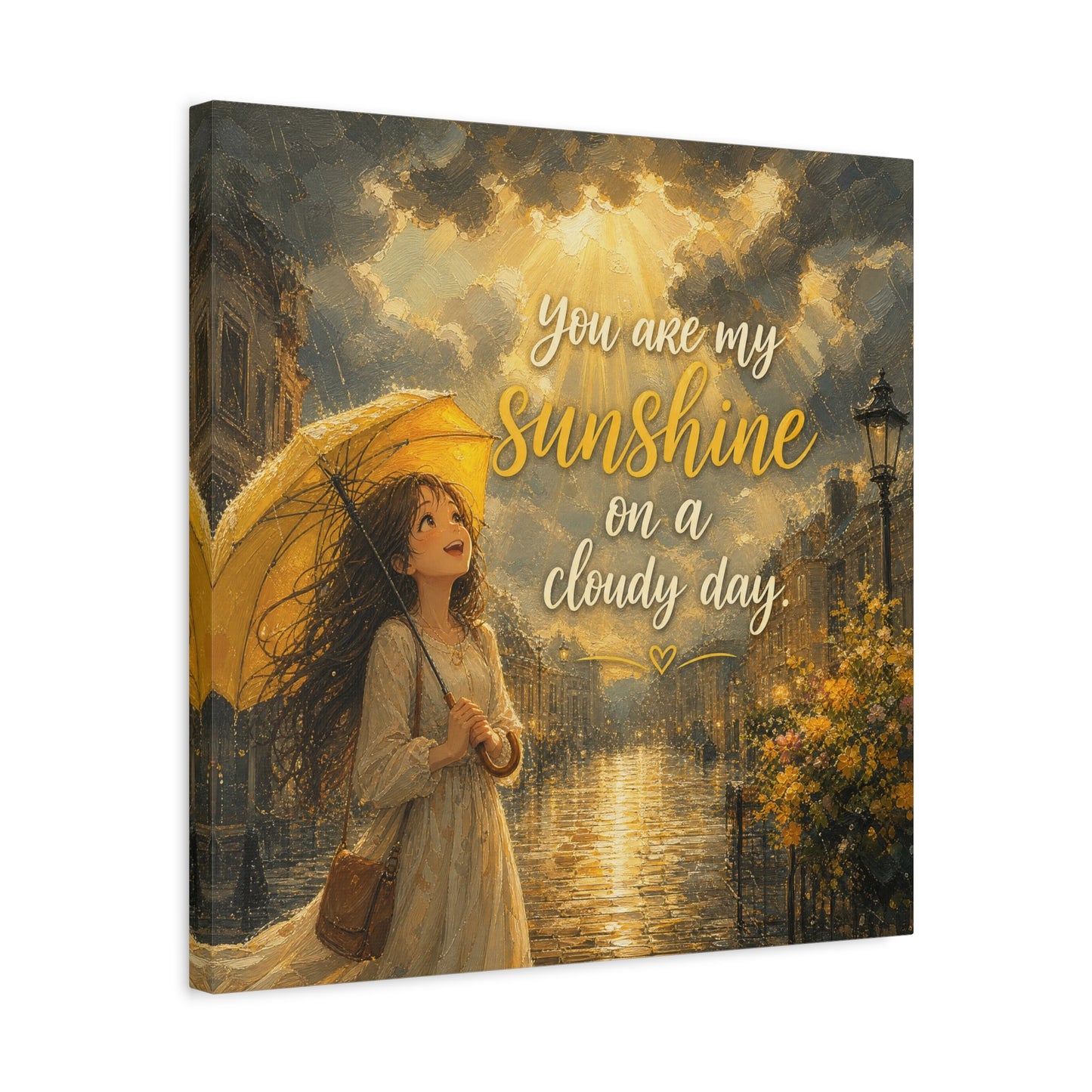 "You Are My Sunshine On A Cloudy Day" Canvas Wall Art - Girl With Yellow Umbrella Quote Print - Golden Rainy Street Painting, Inspirational Decor - Bedroom Home Decoration - Living Room Wall Decor
