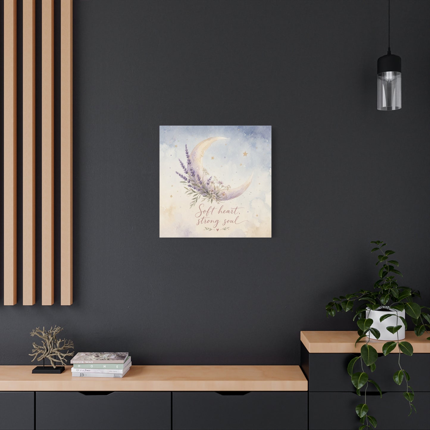 "Soft Heart, Strong Soul" Moon Canvas Wall Art - Lavender Floral Celestial Quote Print - Watercolor Nursery Bedroom Decor - Bohemian Home Decoration - Office Wall Art - Bedroom Home Decoration
