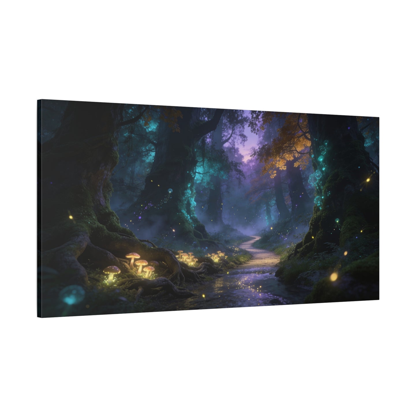 Enchanted Forest Canvas Wall Art - Glowing Mushrooms, Moonlit Woodland Path - Dreamy Fantasy Landscape - Matte Cotton Canvas Print - Living Room Wall Decor, Bedroom Home Decoration - Ready to Hang