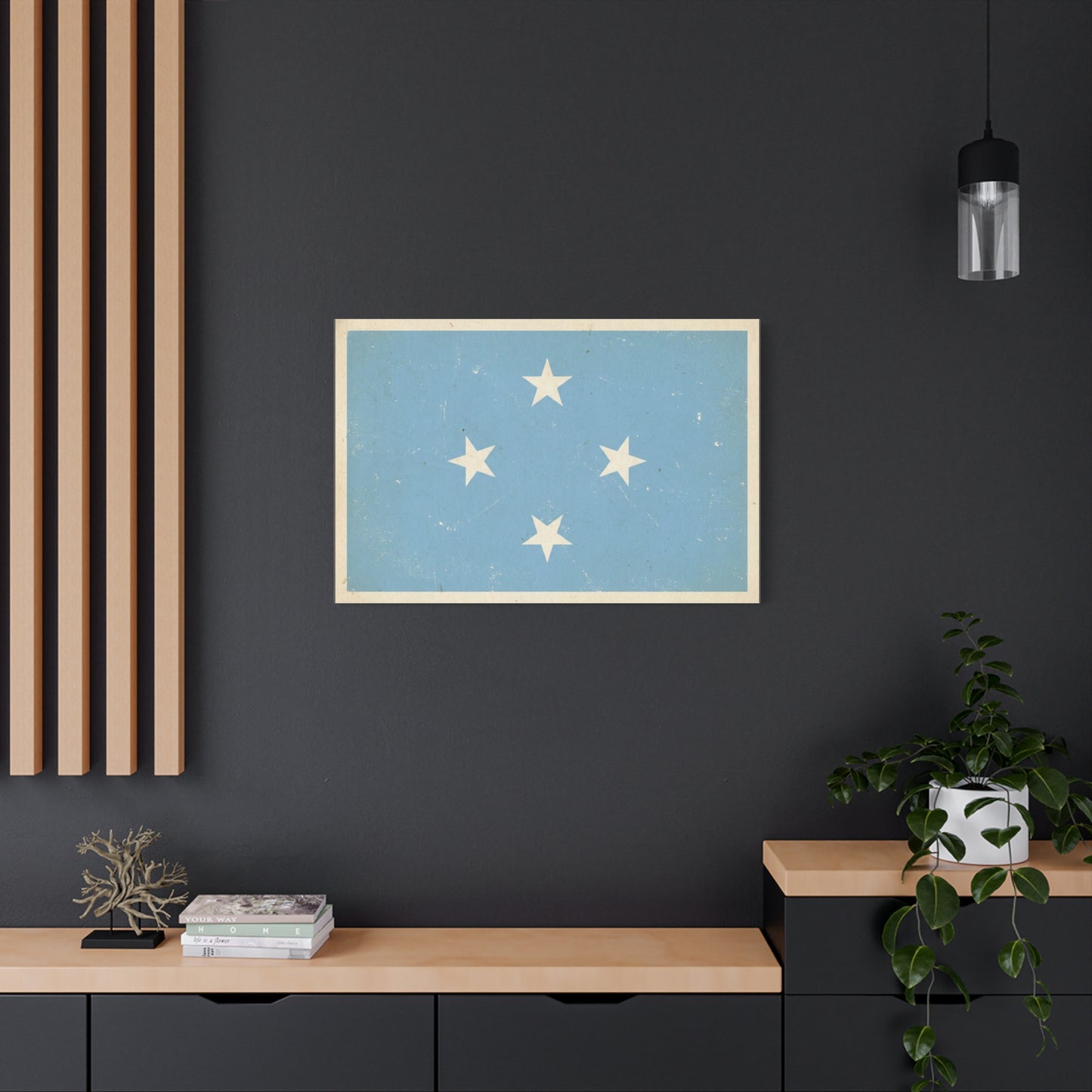 Micronesia Flag Canvas Wall Art - Vintage Blue Four White Stars Print - Distressed Patriotic Island Decor - Coastal Style Living Room Wall Decor, Bedroom Home Decoration - Bedroom Home Decoration
