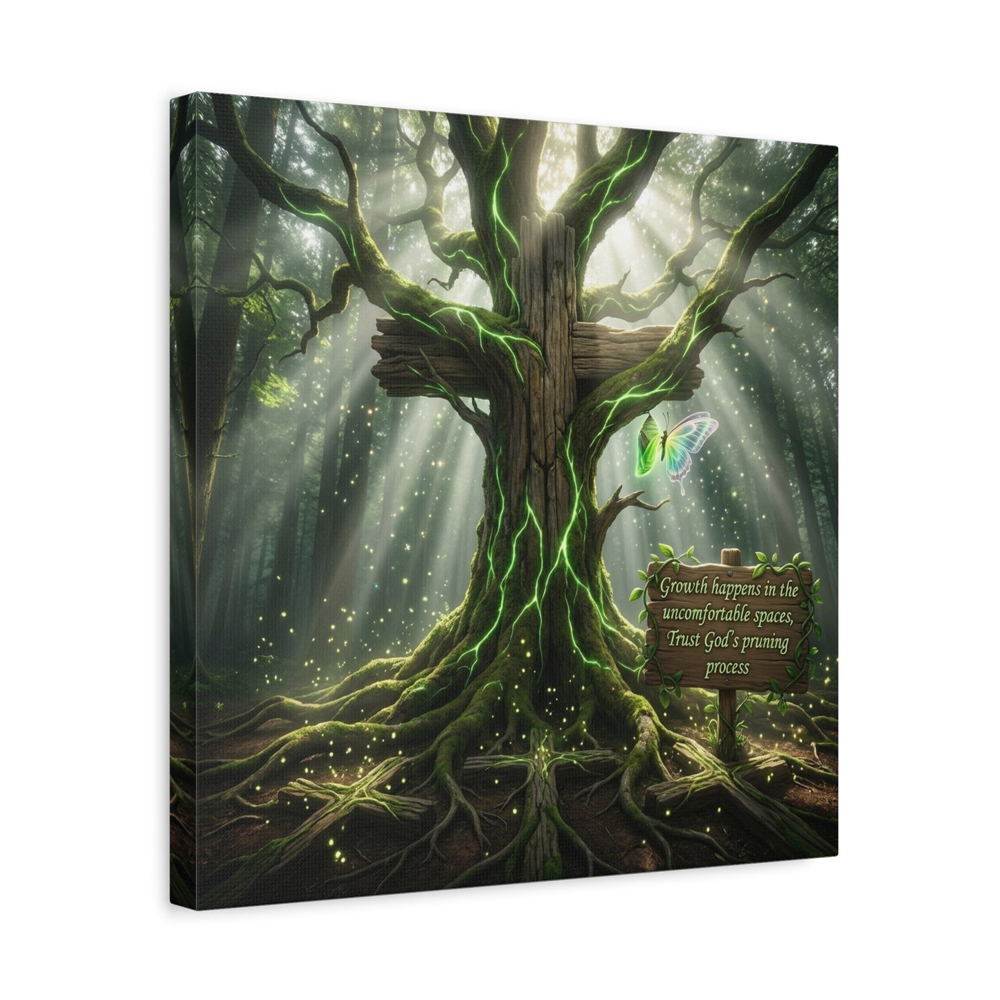 "Growth Happens In The Uncomfortable Spaces, Trust God's Pruning Process" Christian Canvas Wall Art - Forest Tree Cross, Butterfly - Inspirational Rustic Decor - Living Room Wall Decor - Ready to Hang