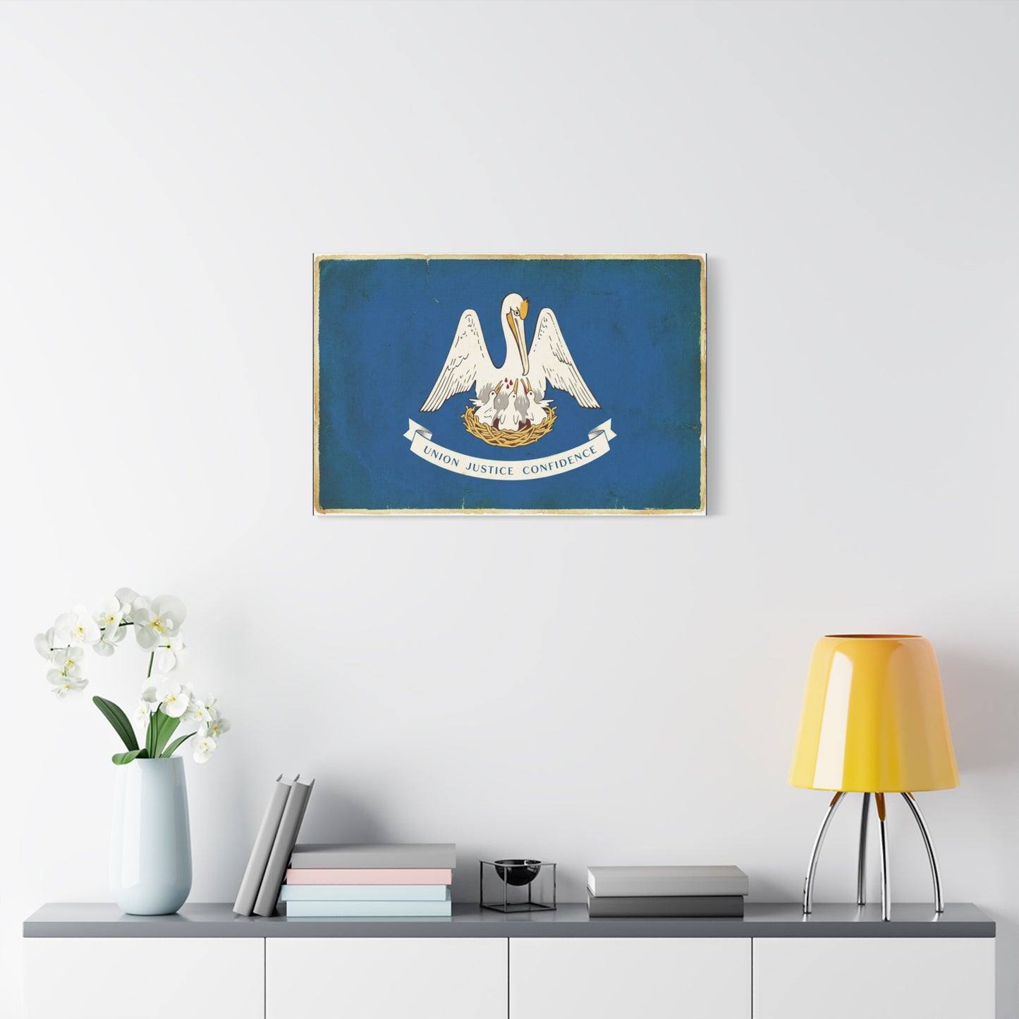 "Union Justice Confidence" Louisiana State Flag Canvas Wall Art - Vintage Pelican Crest Print, Distressed Blue Banner, Patriotic Traditional Decor - Living Room Office Wall Decor - Ready to Hang