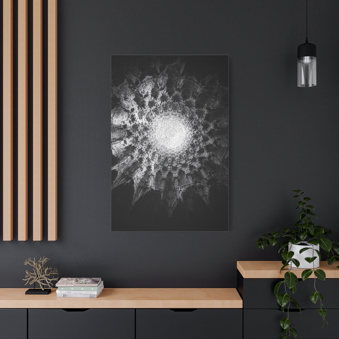Abstract Black White Canvas Wall Art - Monochrome Fractal Mandala Design, Architectural Spiral Light - Matte Cotton Art Print - Contemporary Decor For Living Room, Bedroom, Office Accent