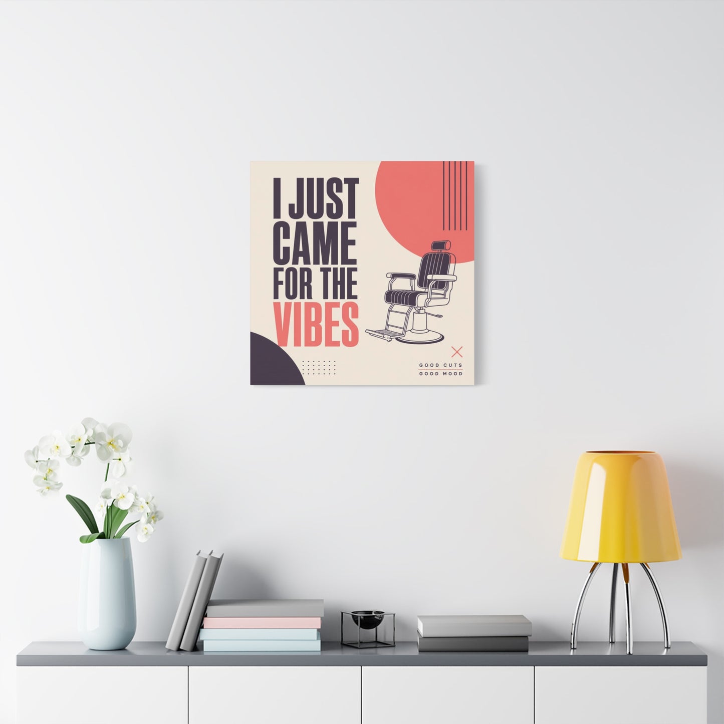 "I Just Came For The Vibes" Typography Canvas Wall Art - Barber Chair Line Illustration, Coral And Black Modern Salon Wall Decor - Minimalist Quote Print For Barbershop Lobby Workspace - Ready to Hang
