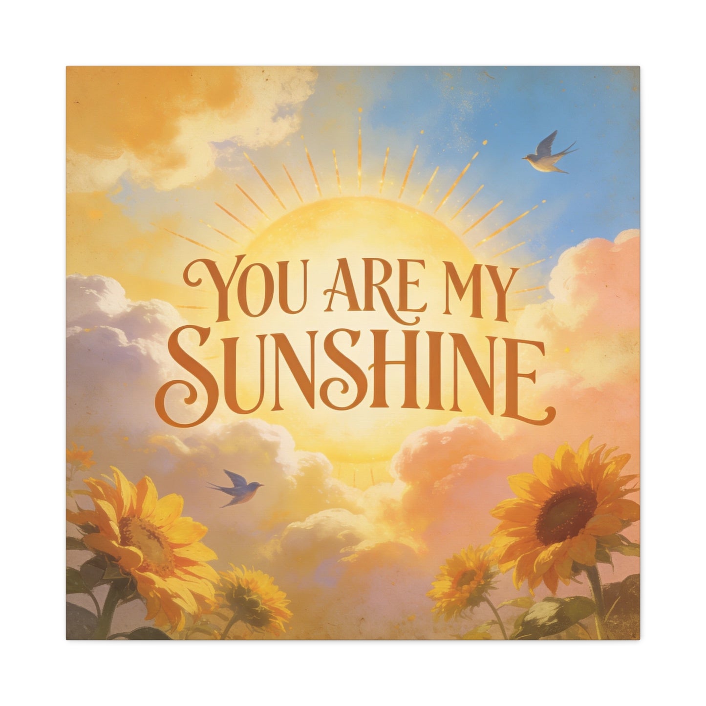 "You Are My Sunshine" Sunflower Canvas Wall Art - Vintage Typography Sky, Birds - Inspirational Farmhouse Style - Living Room Wall Decor, Bedroom Home Decoration, Office Art Accent - Ready to Hang