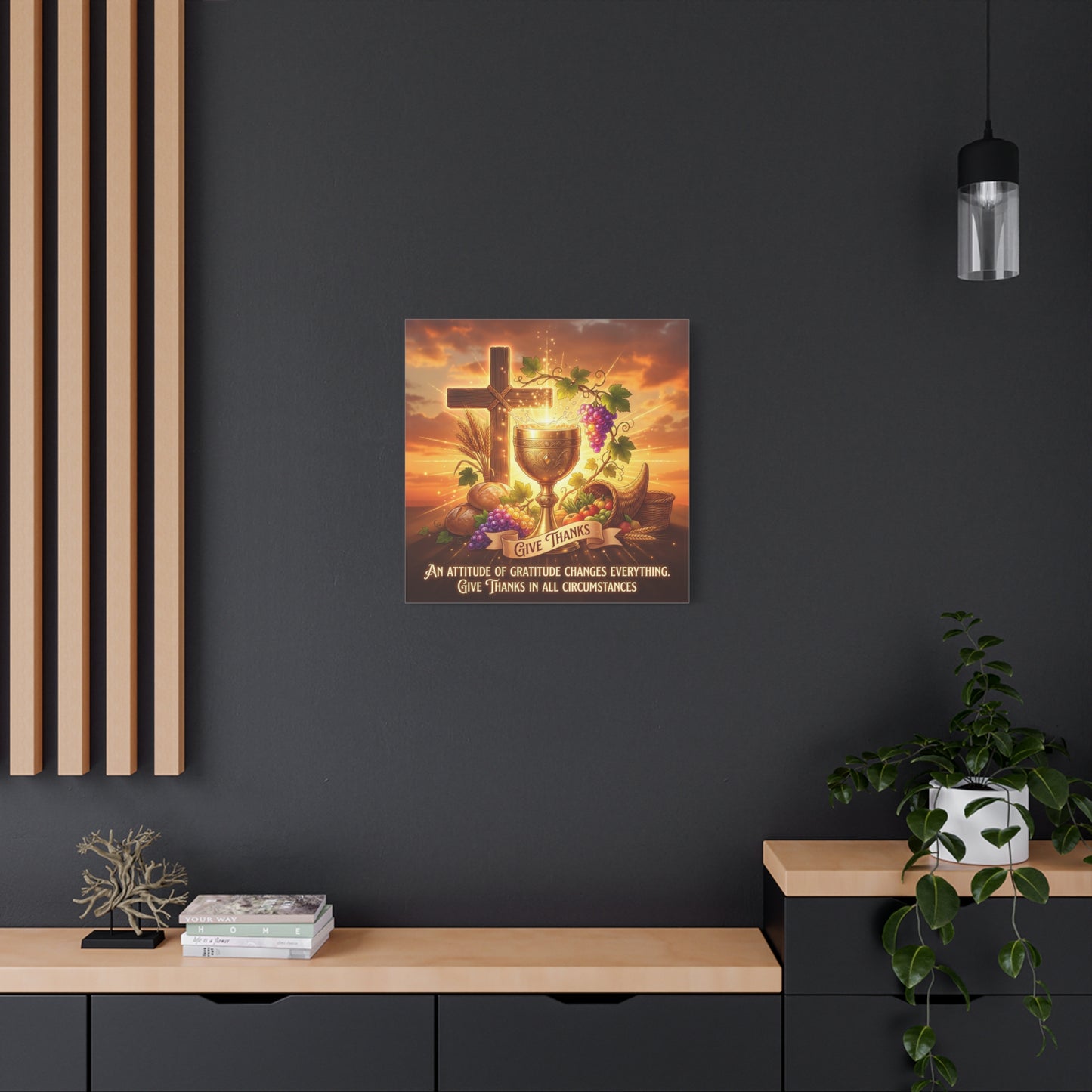 "Give Thanks" Christian Canvas Wall Art - Cross, Communion Chalice, Grapes, Bread - Gratitude Scripture Decor, Matte Cotton Print - Ready to Hang