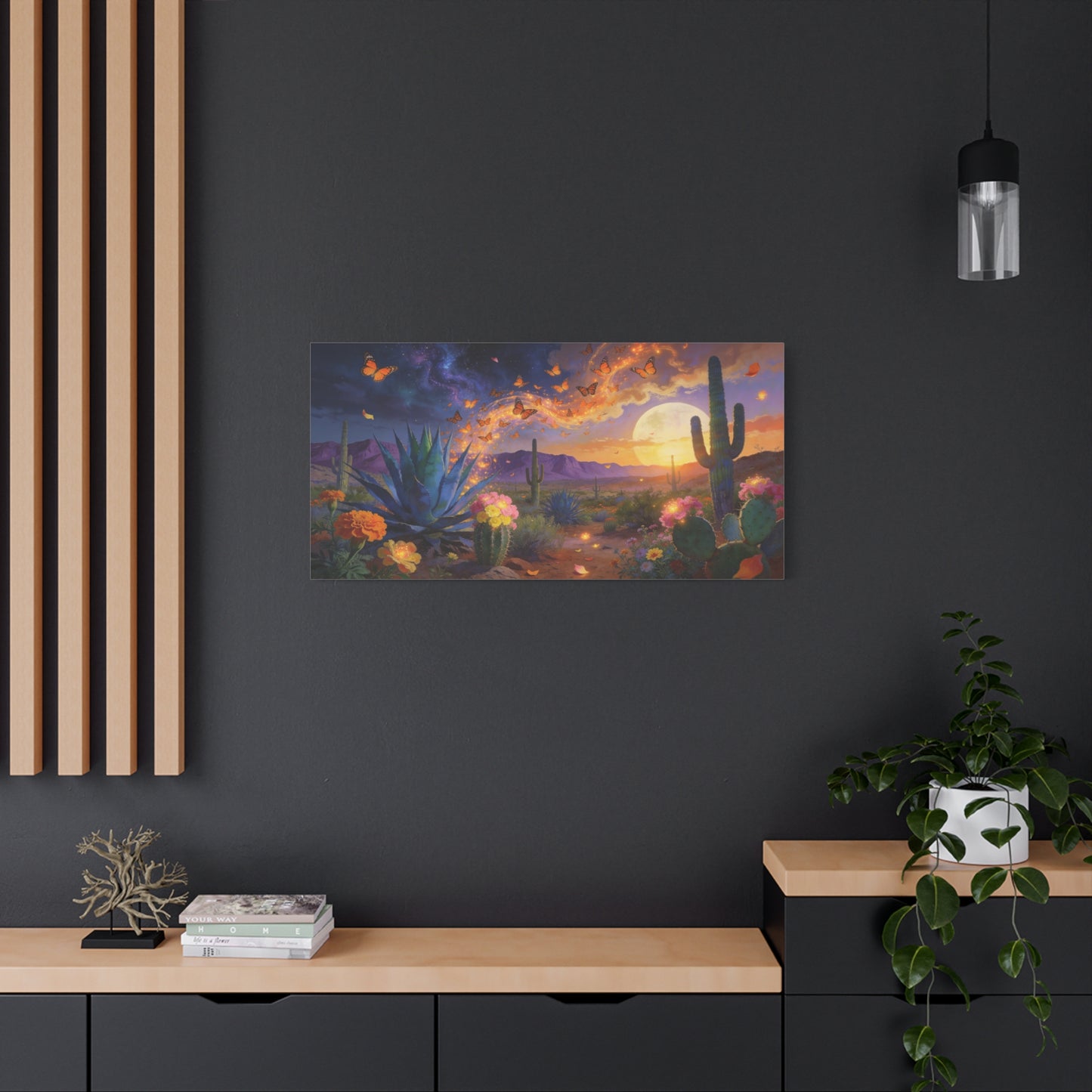 Desert Butterfly Canvas Wall Art - Moonlit Cactus Landscape, Agave And Wildflowers - Surreal Southwestern Style - Cotton Canvas Print - Living Room Wall Decor, Bedroom Accent - Bedroom Home Decoration