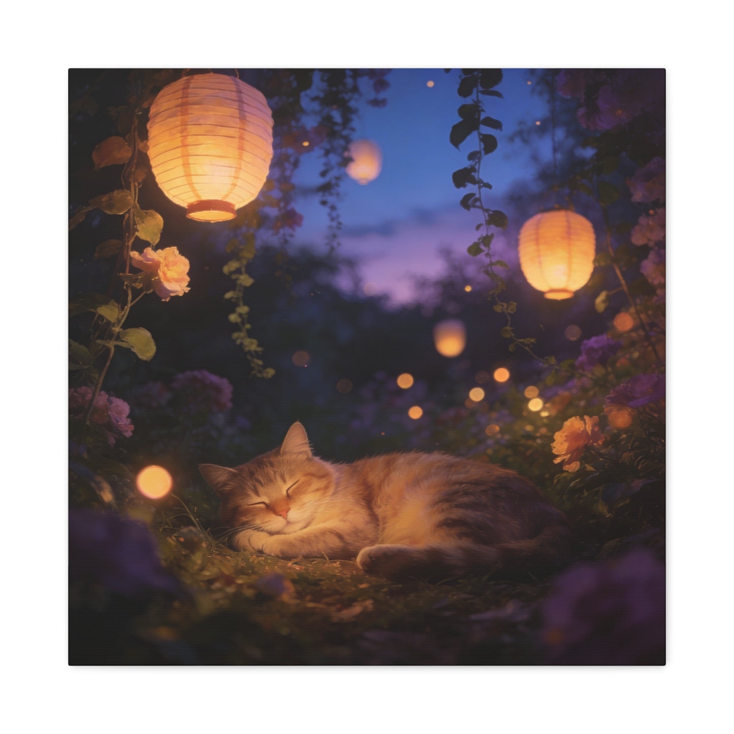 Sleeping Cat Canvas Wall Art - Lantern Lit Garden Night Scene, Dreamy Floral Canvas Print - Calming Cottagecore Style, Bedroom Wall Decor, Living Room Home Decoration - Bedroom Home Decoration