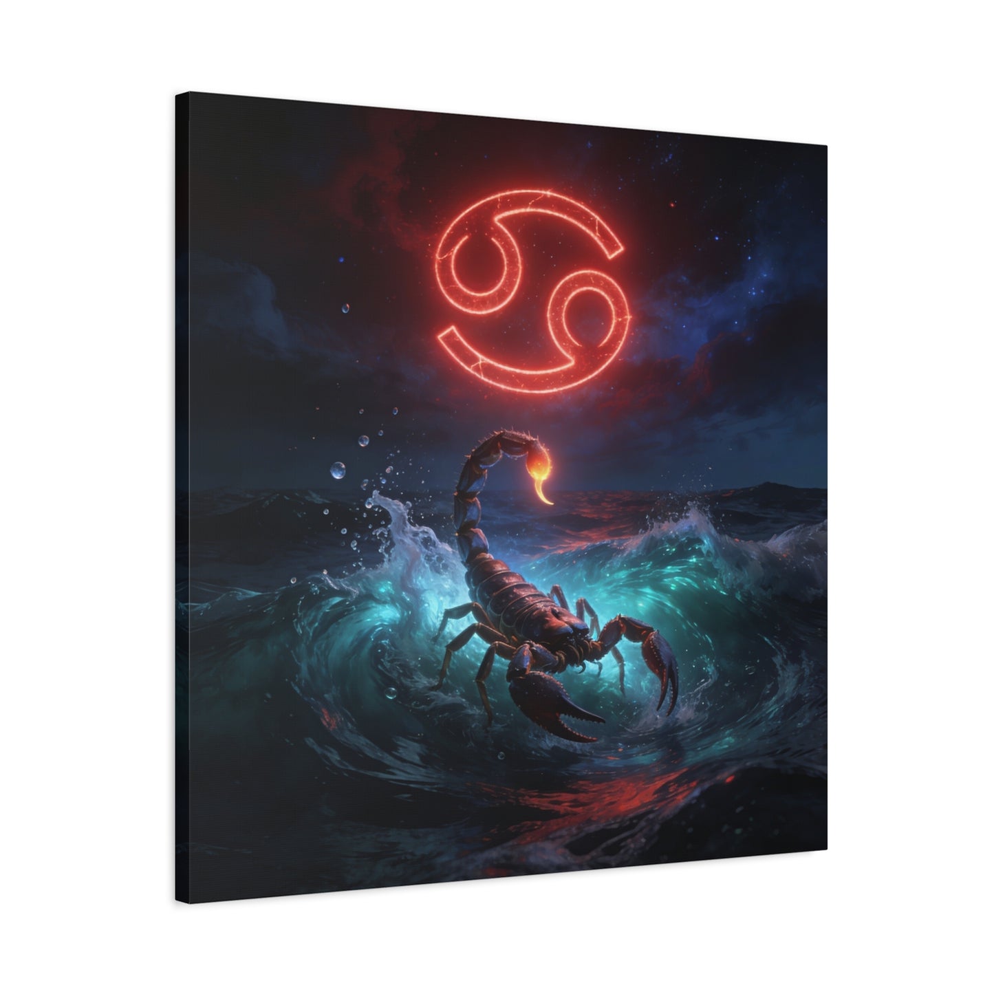 Cancer Zodiac Canvas Wall Art - Neon Crab Ocean Astrology Print, Celestial Night Seascape, Matte Canvas Decor, Bedroom Home Decoration, Living Room Wall Decor, Modern Space Style - Ready to Hang