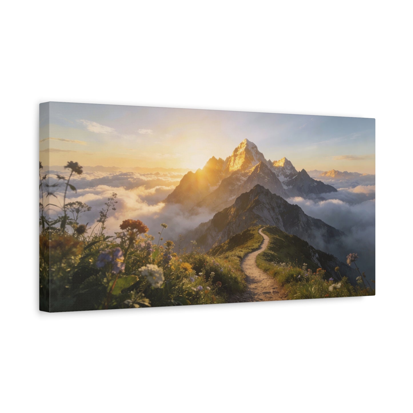 Mountain Sunrise Canvas Wall Art - Alpine Path, Wildflower Meadow, Golden Peak Landscape Print - Matte Scenic Nature Decor - Living Room Wall Decor, Bedroom Home Decoration - Bedroom Home Decoration