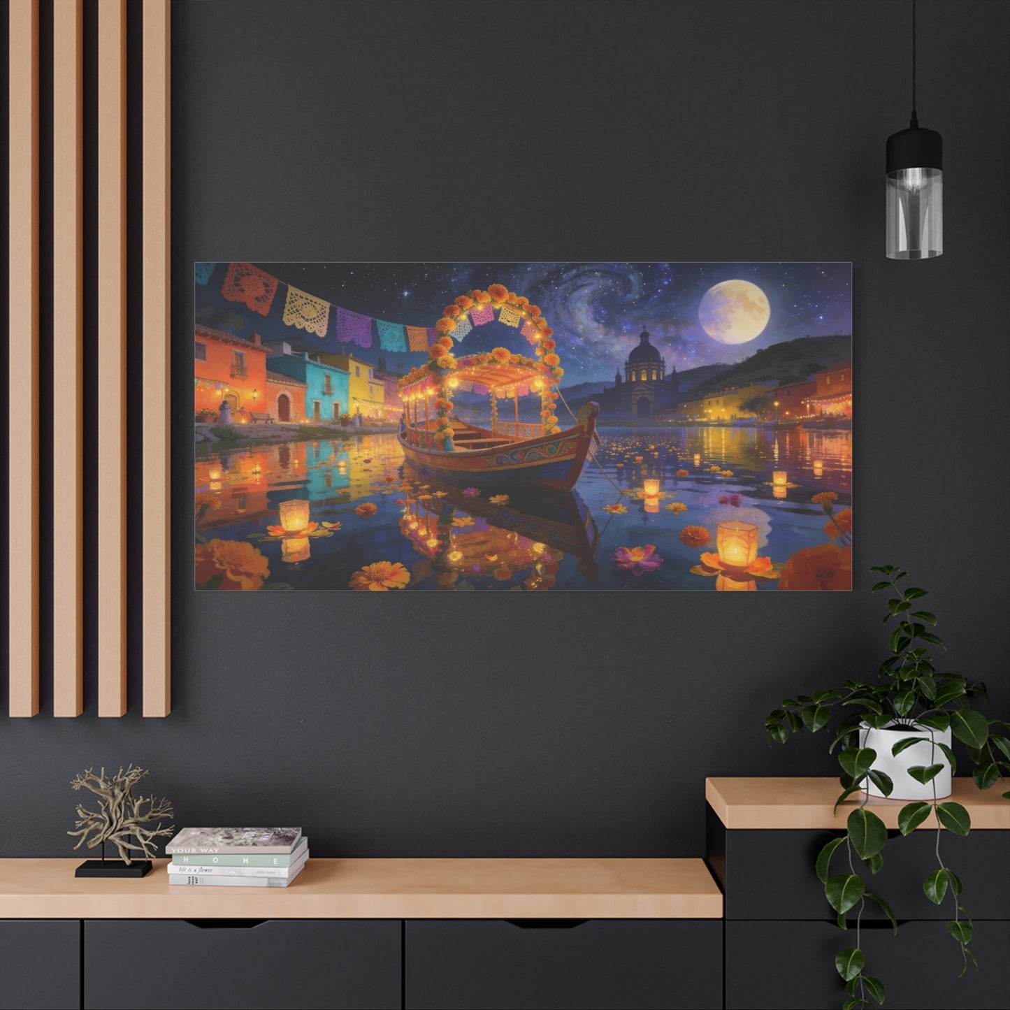 Moonlit Marigold Boat Canvas Wall Art - Colorful Festival Lake Scene, Full Moon Night Sky - Matte Cotton Art Print - Bohemian Living Room Wall Decor, Bedroom Home Decoration - Bedroom Home Decoration