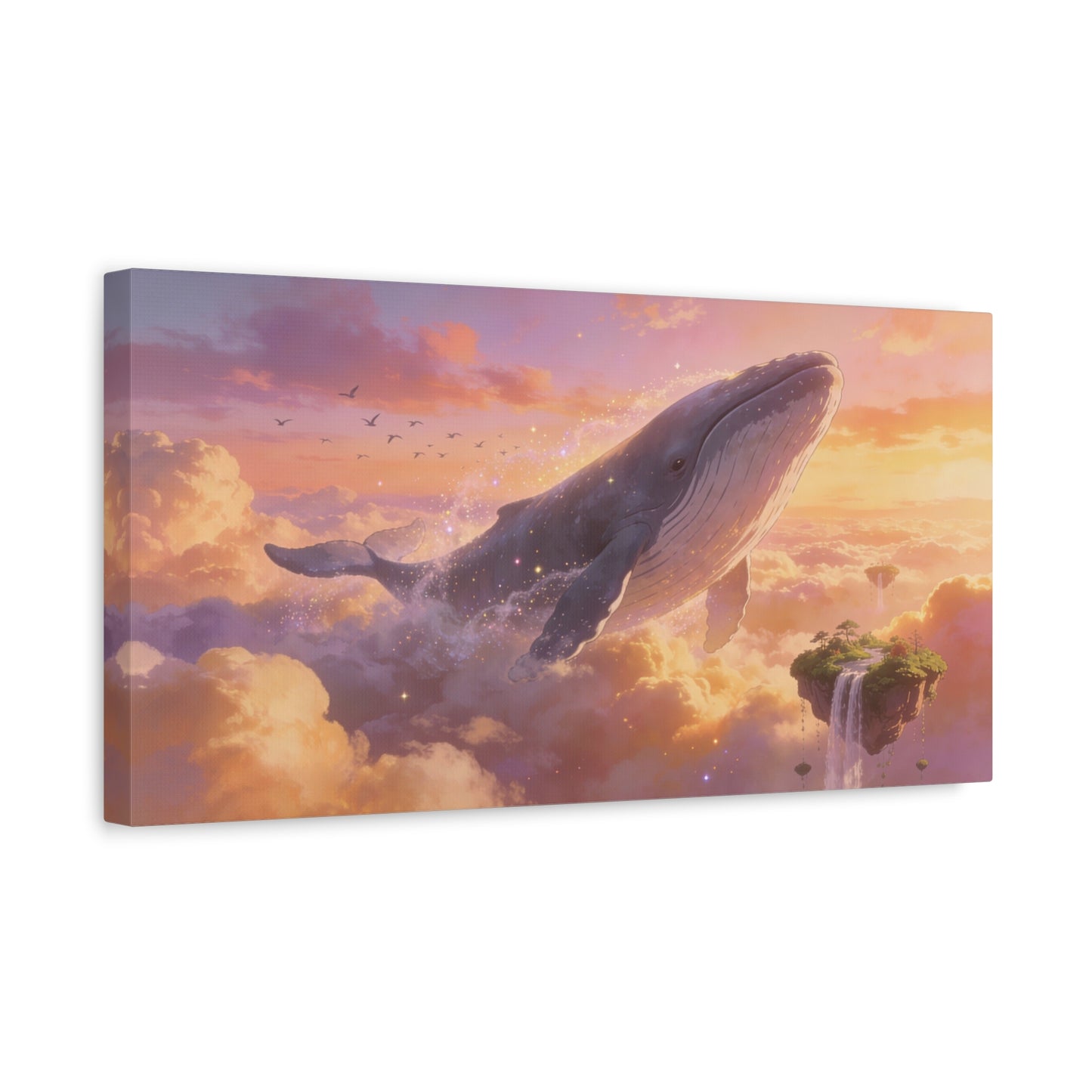 Fantasy Whale Canvas Wall Art - Dreamlike Sky Ocean Scene, Floating Island Waterfall - Matte Cotton Art Print - Surreal Contemporary Style - Living Room Wall Decor Bedroom Accent - Ready to Hang