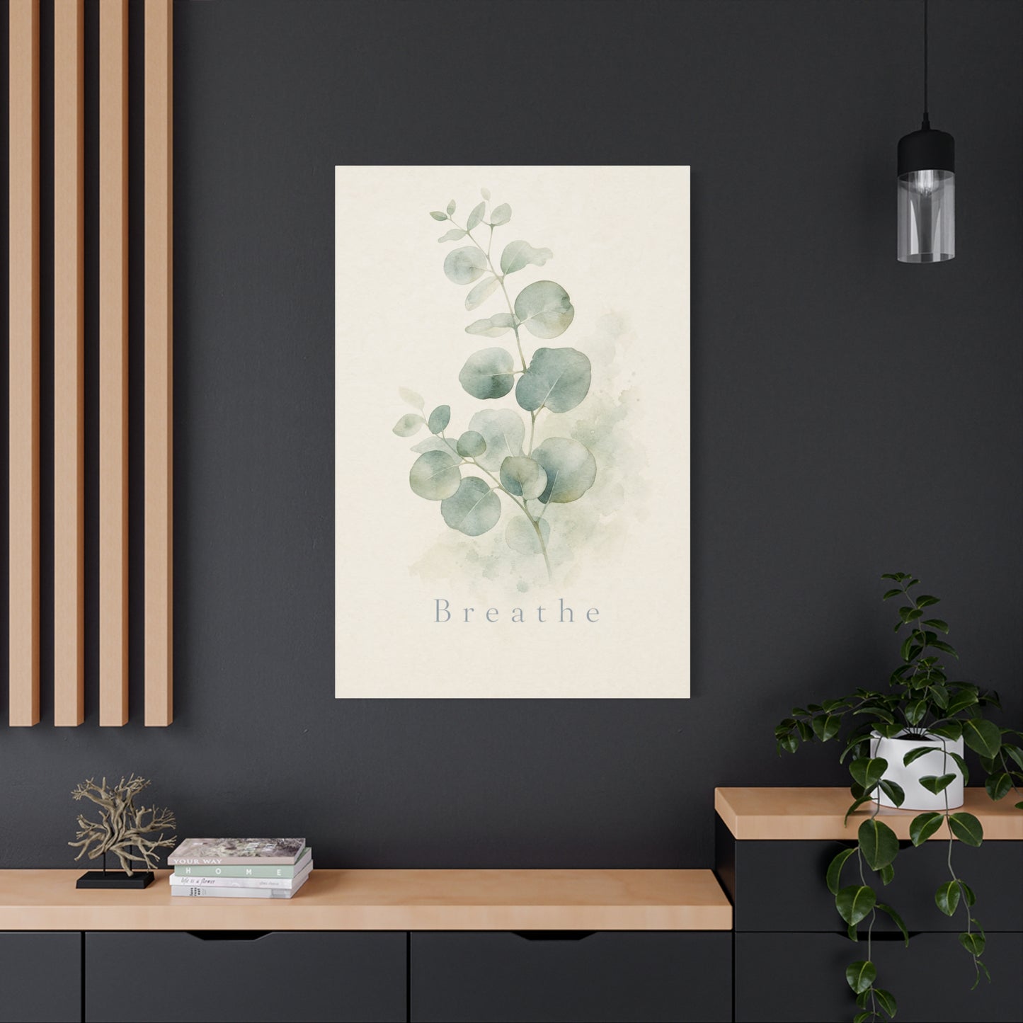 "Breathe" Eucalyptus Canvas Wall Art - Minimalist Botanical Sage Green Wall Decor - Watercolor Leaf Home Decoration - Bedroom Bathroom Spa Style - Calm Nature Print For Living Room - Ready to Hang