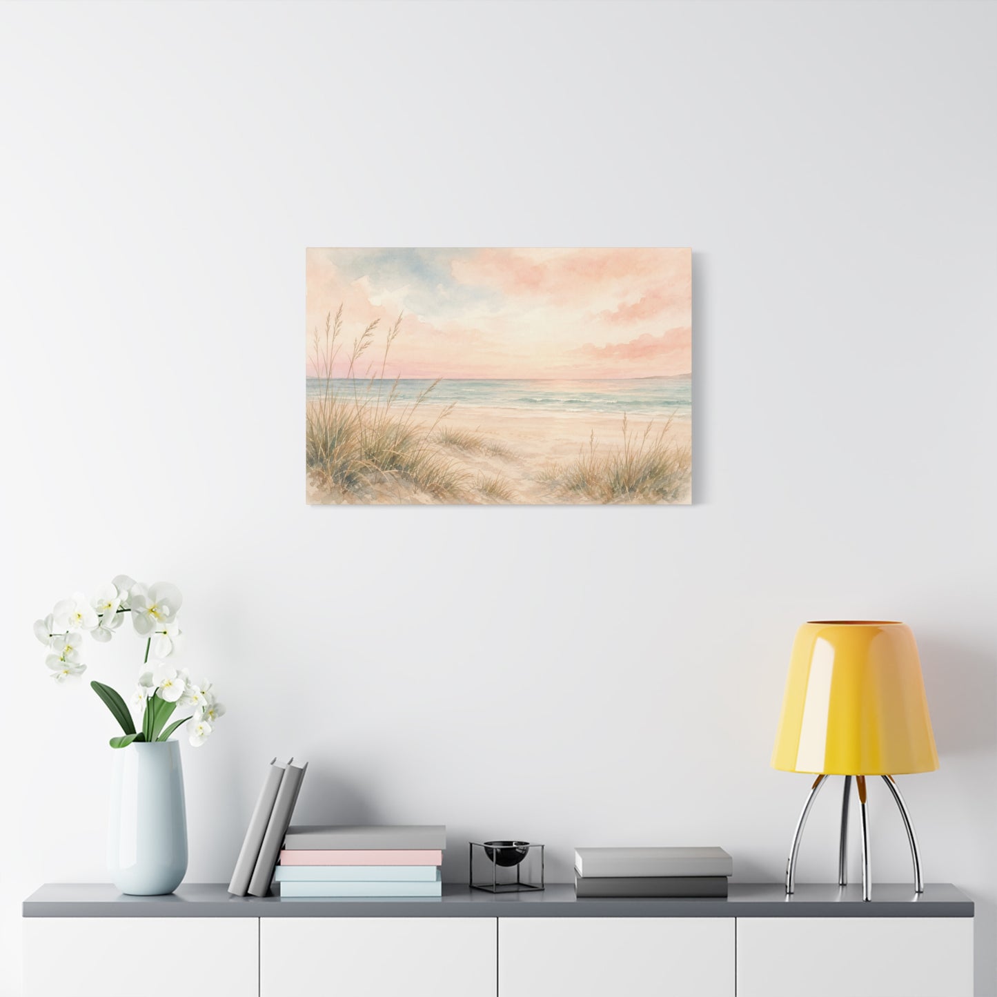 Pastel Beach Dune Canvas Wall Art - Coastal Seascape Sunset Shore Grass Print - Soft Pink Blue Watercolor - Bedroom Wall Decor, Living Room Home Decoration - Bedroom Home Decoration - Ready to Hang