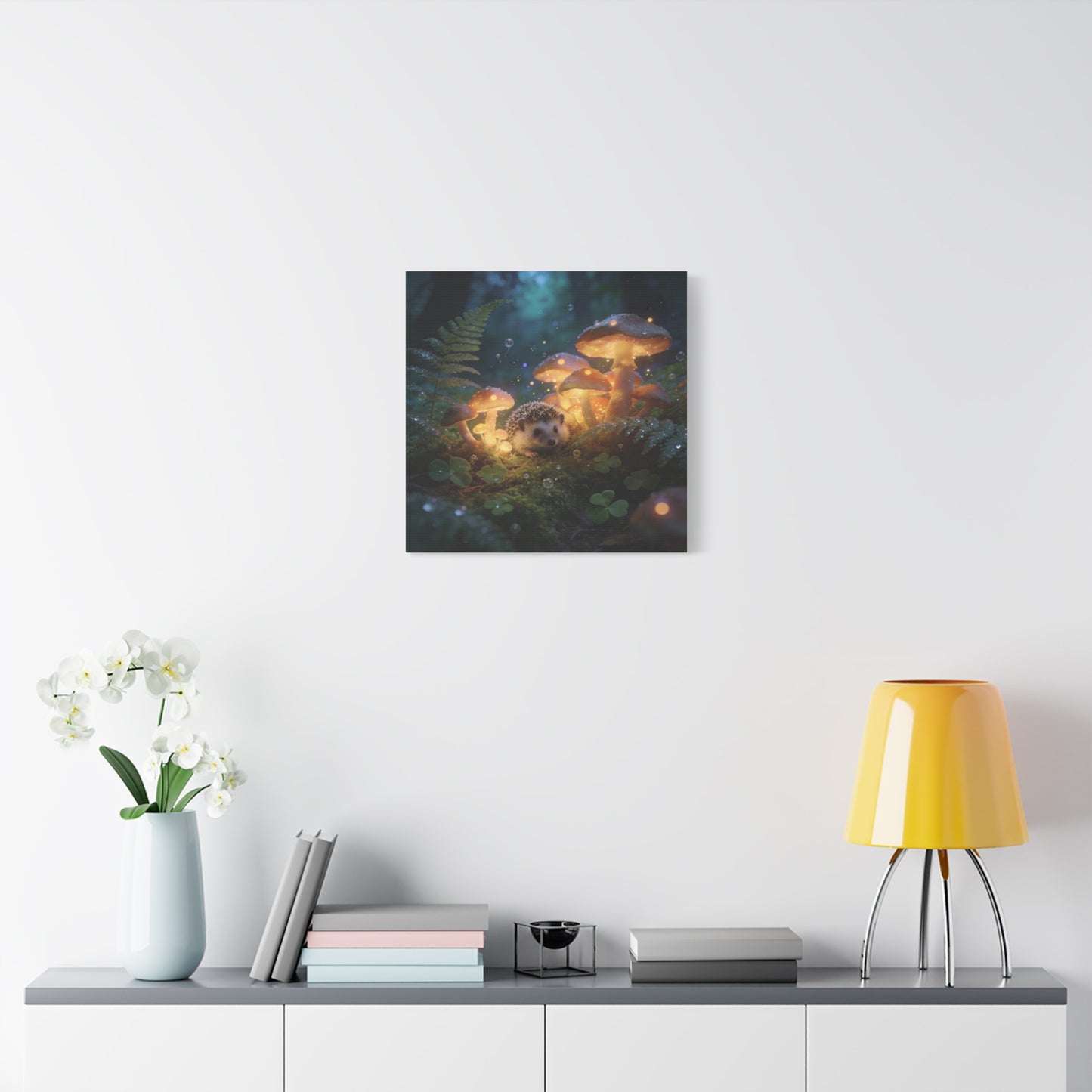 Hedgehog Mushroom Canvas Wall Art - Glowing Forest Fantasy Animal Print - Matte Cotton Art Print, Whimsical Woodland Style - Bedroom Wall Decor, Nursery Home Decoration Accent - Modern Farmhouse Style