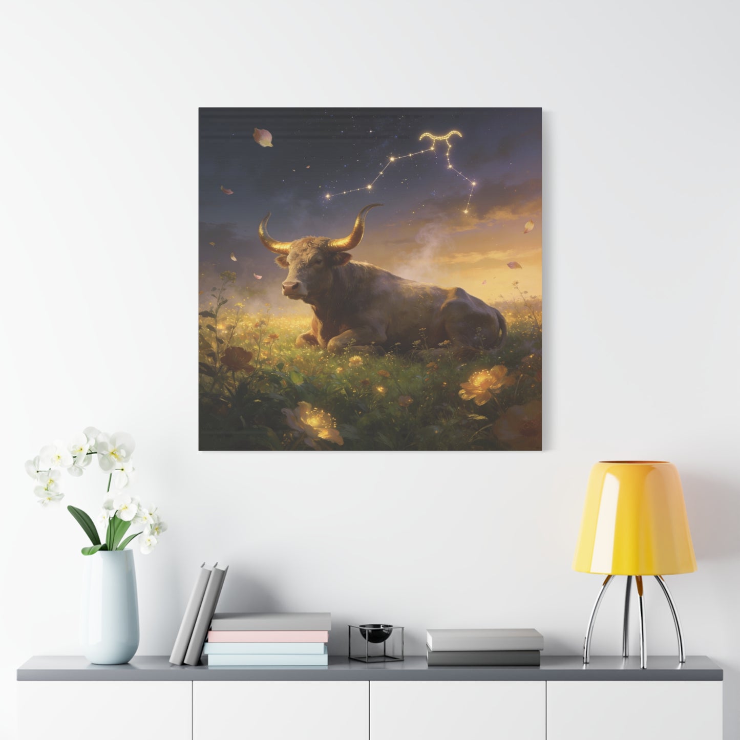 Taurus Zodiac Bull Canvas Wall Art - Celestial Constellation Night Meadow, Golden Horns, Dreamy Illustration - Matte Cotton Print - Bedroom Home Decoration, Office Wall Decor - Bedroom Home Decoration