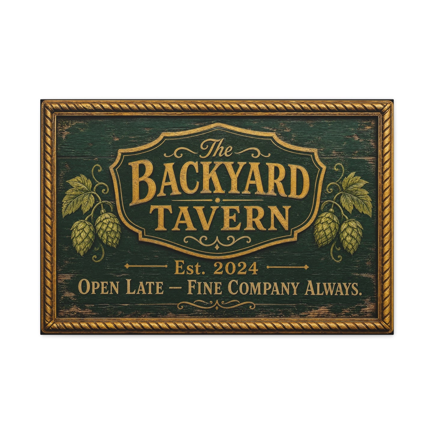 "The Backyard Tavern" Canvas Wall Art - Vintage Pub Sign, Rustic Typography Decor - Green And Gold Tavern Style Print, Bar Room Wall Decor - Ready to Hang - Ready to Hang - Speakeasy Style Sign