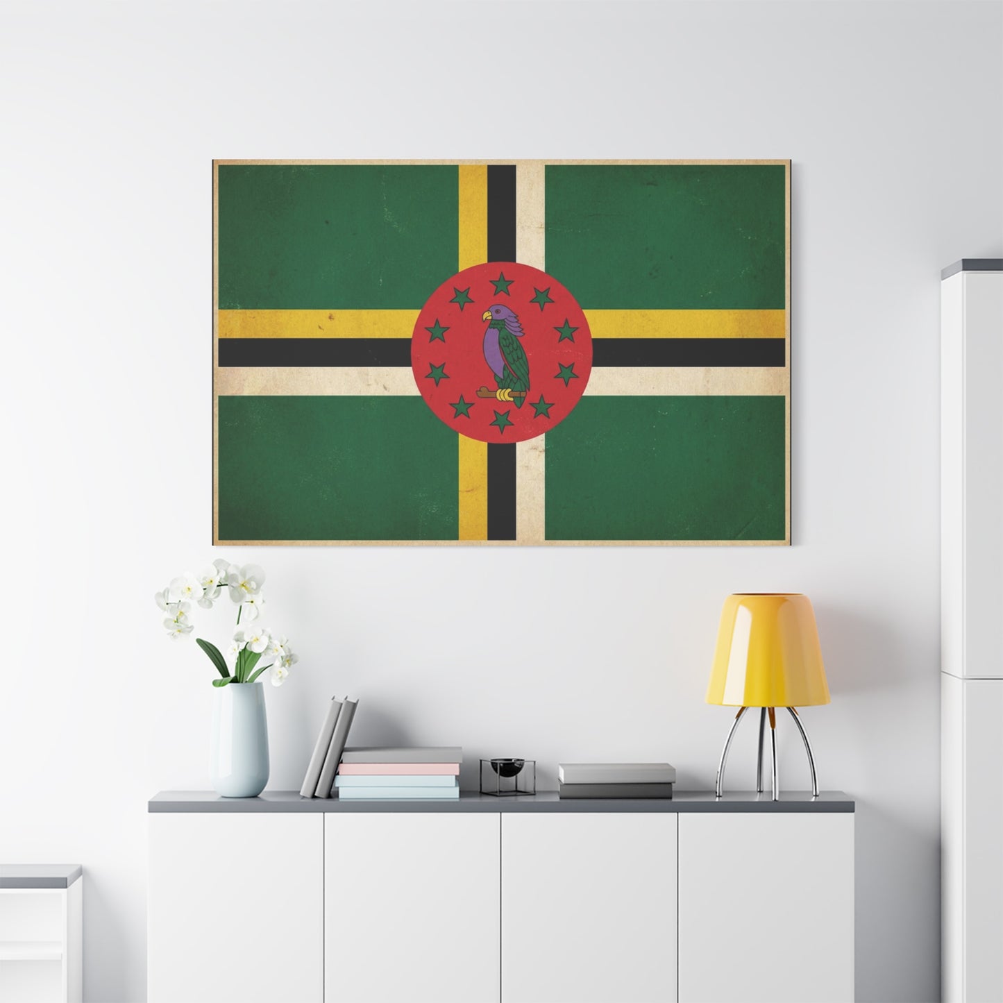 Dominica Flag Canvas Wall Art - Vintage Caribbean Nation Print, Distressed Green Red Sisserou Parrot Design - Traditional Island Decor - Living Room Wall Decor, Office Art - Bedroom Home Decoration