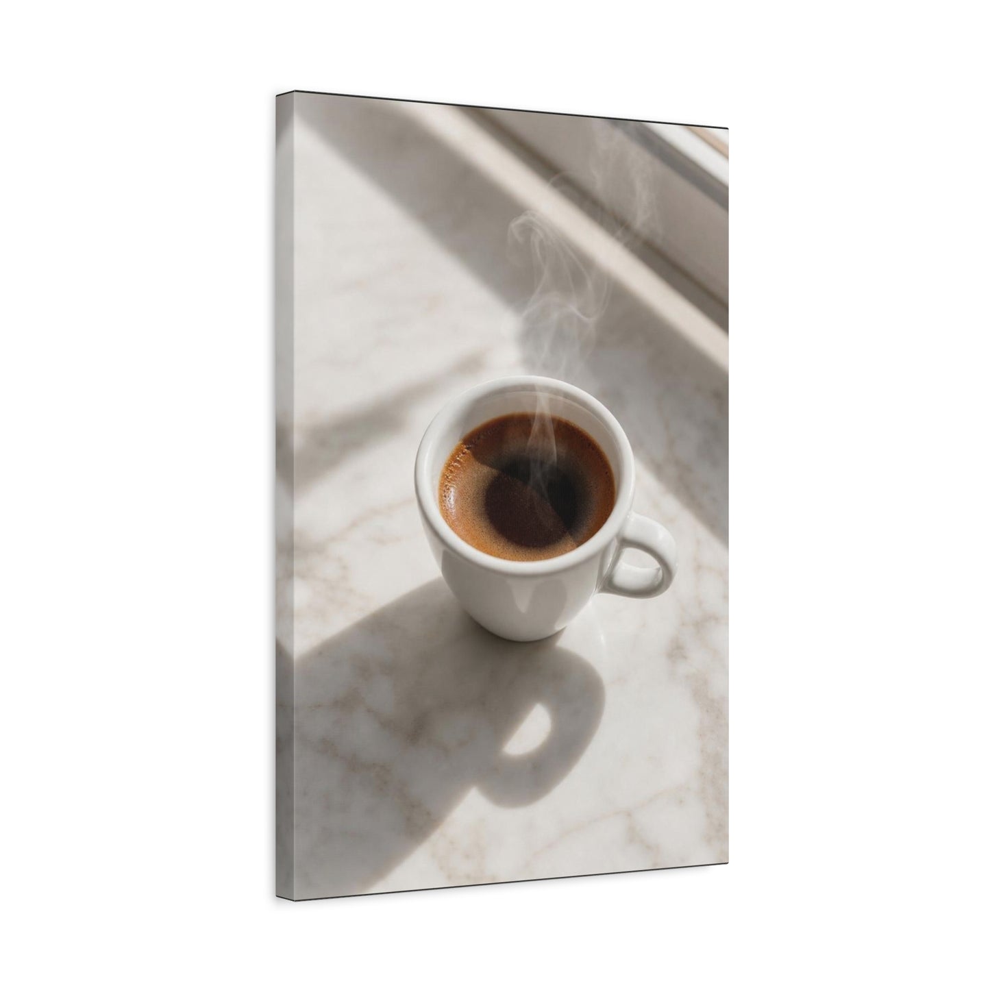 Steaming Espresso Coffee Cup Canvas Wall Art - Minimalist Sunlit Art Print, Matte Cotton Print - Contemporary Kitchen Decor, Dining Room Accent, Cafe Wall Decor, Office Art - Bedroom Home Decoration