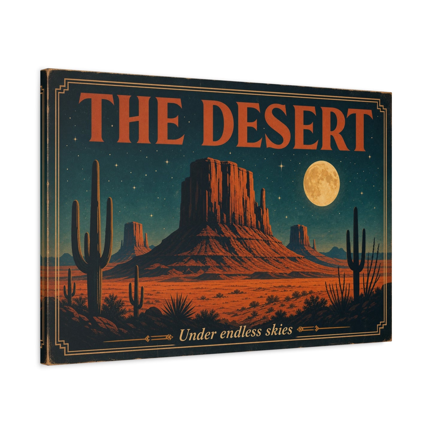"THE DESERT" Canvas Wall Art - Moonlit Saguaro Desert Mesa Landscape, "Under endless skies" - Vintage Southwest Poster Style, Living Room Wall Decor, Bedroom Home Decoration - Bedroom Home Decoration