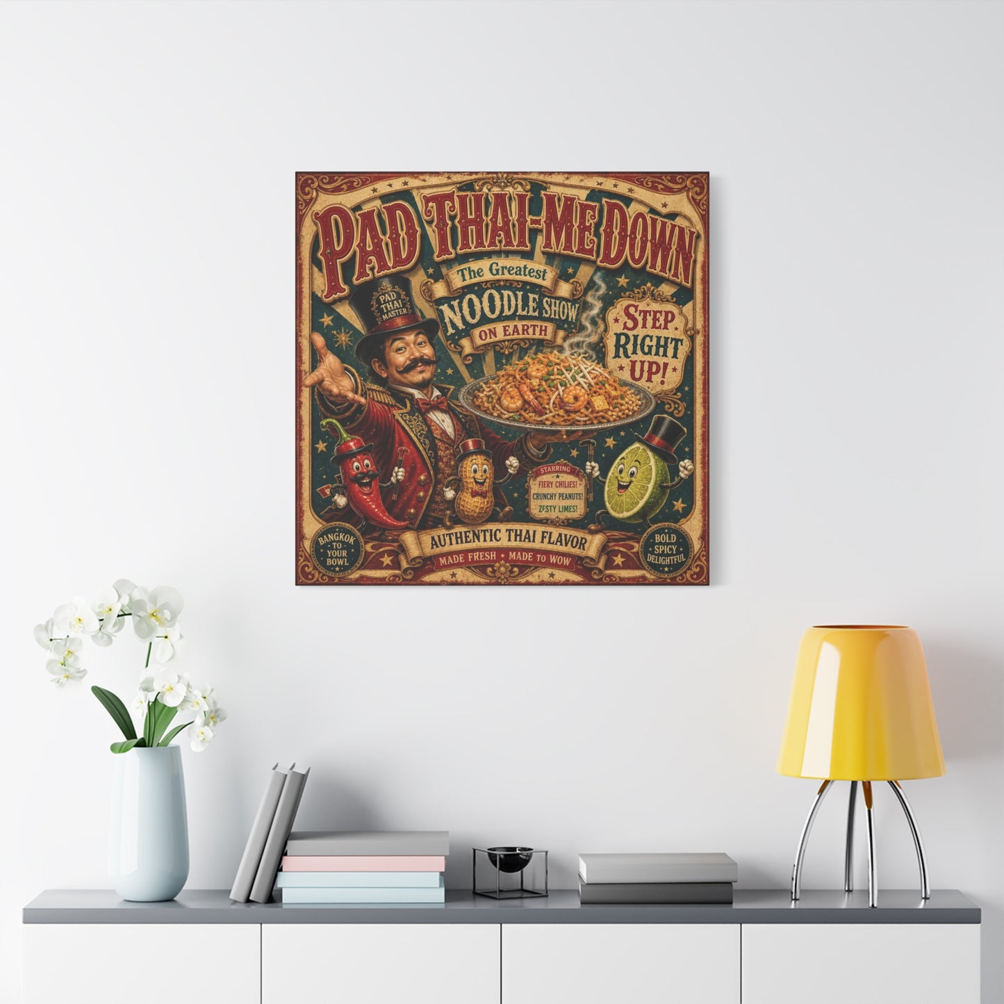 "Pad Thai-Me Down" Canvas Wall Art - Vintage Circus Noodle Poster, Typography Illustration, Whimsical Restaurant Decor, Cafe Wall Decor, Retro Kitchen Accent, Matte Canvas Print - Ready to Hang