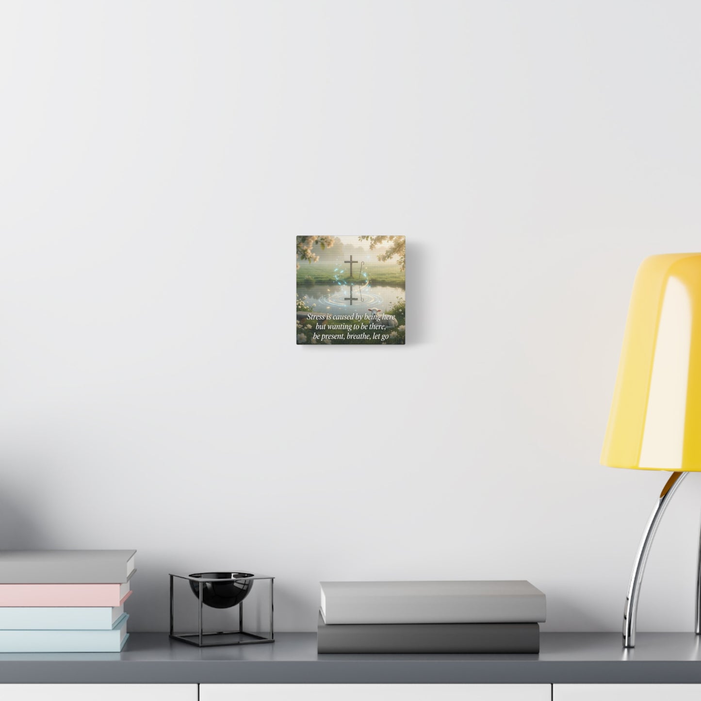 "Stress is caused by being here but wanting to be there, be present, breathe, let go" Cross Canvas Wall Art - Christian Inspirational Pond Scene - Traditional Style - Bedroom Wall Decor