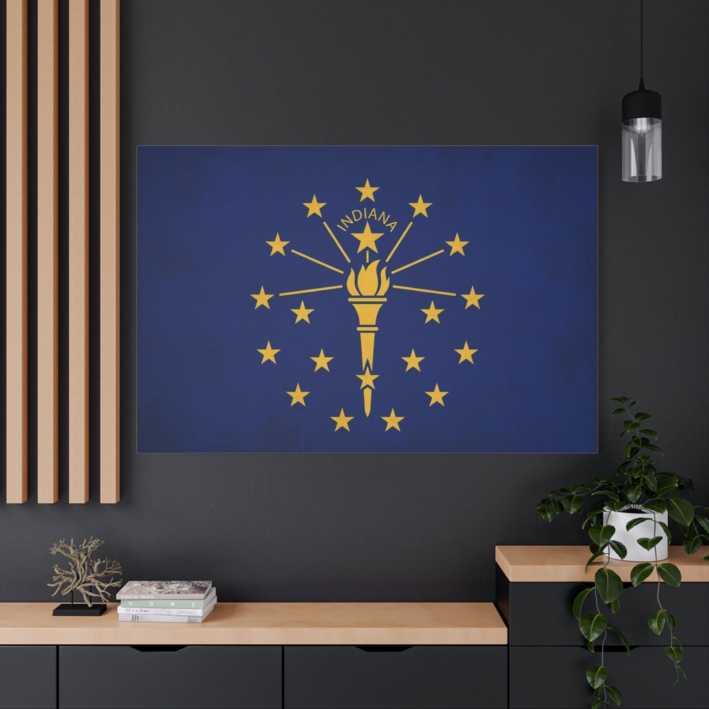 Indiana State Flag Canvas Wall Art - Blue Gold Torch Stars Print, Patriotic Decor - Matte Cotton Artwork - Living Room Wall Decor, Office Art, Dorm Decoration Accent - Bedroom Home Decoration