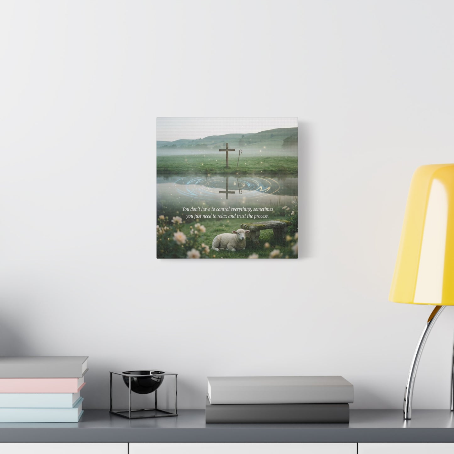 "You Don’t Have To Control Everything, Sometimes You Just Need To Relax And Trust The Process" Canvas Wall Art - Christian Cross, Lamb Meadow Scene - Inspirational Farmhouse Decor - Office Wall Art