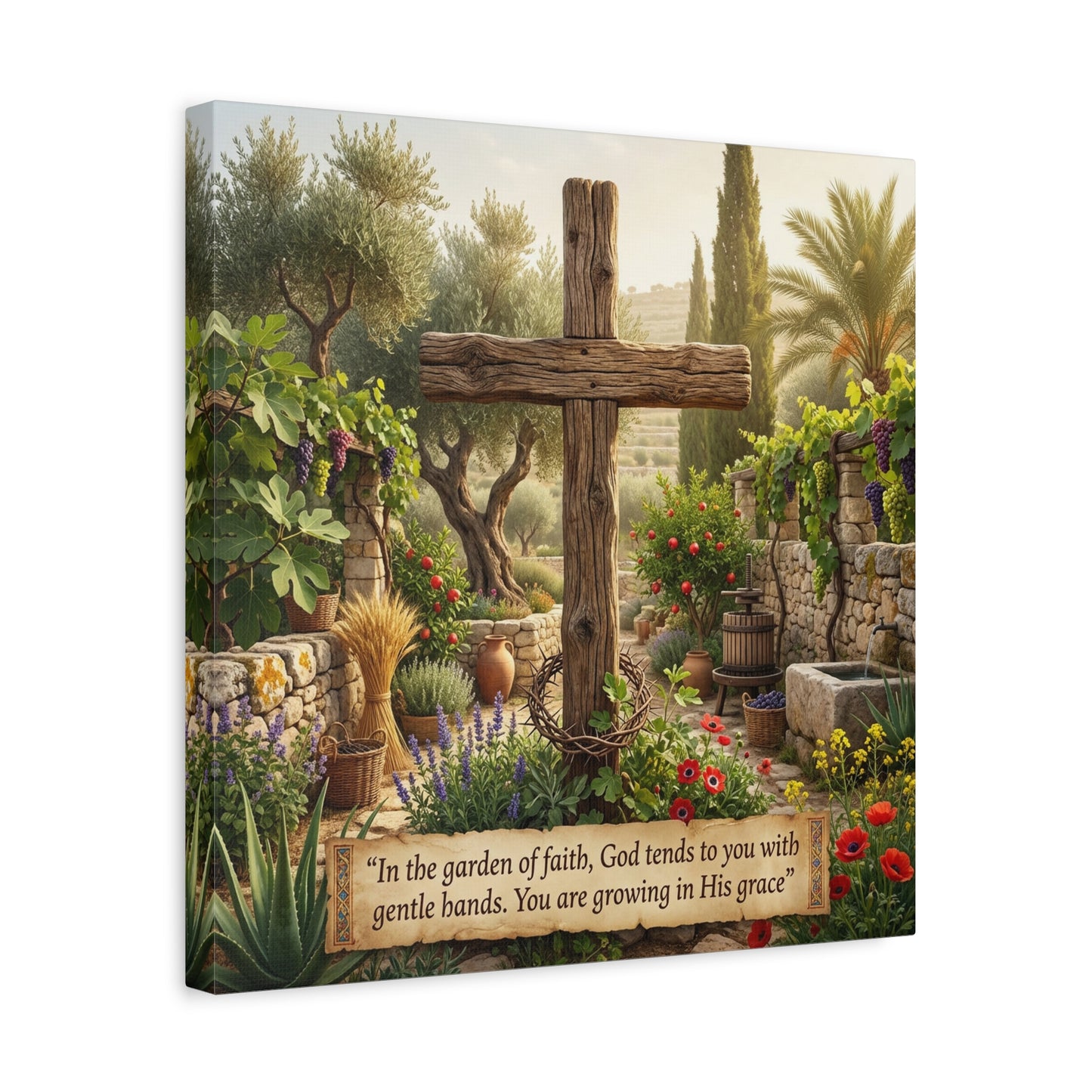 "In The Garden Of Faith, God Tends To You With Gentle Hands. You Are Growing In His Grace" Canvas Wall Art - Rustic Wooden Cross, Christian Garden Scene - Living Room Wall Decor - Ready to Hang