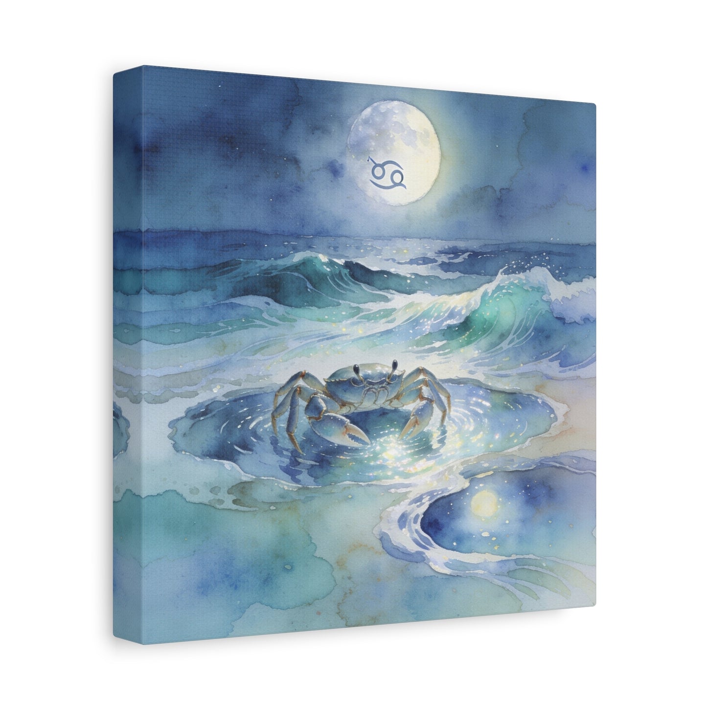 Cancer Zodiac Canvas Wall Art - Moonlit Ocean Crab Watercolor Print, Coastal Astrology Decor - Serene Blue Seascape - Bedroom Wall Decor, Meditation Space Accent, Bohemian Style - Ready to Hang