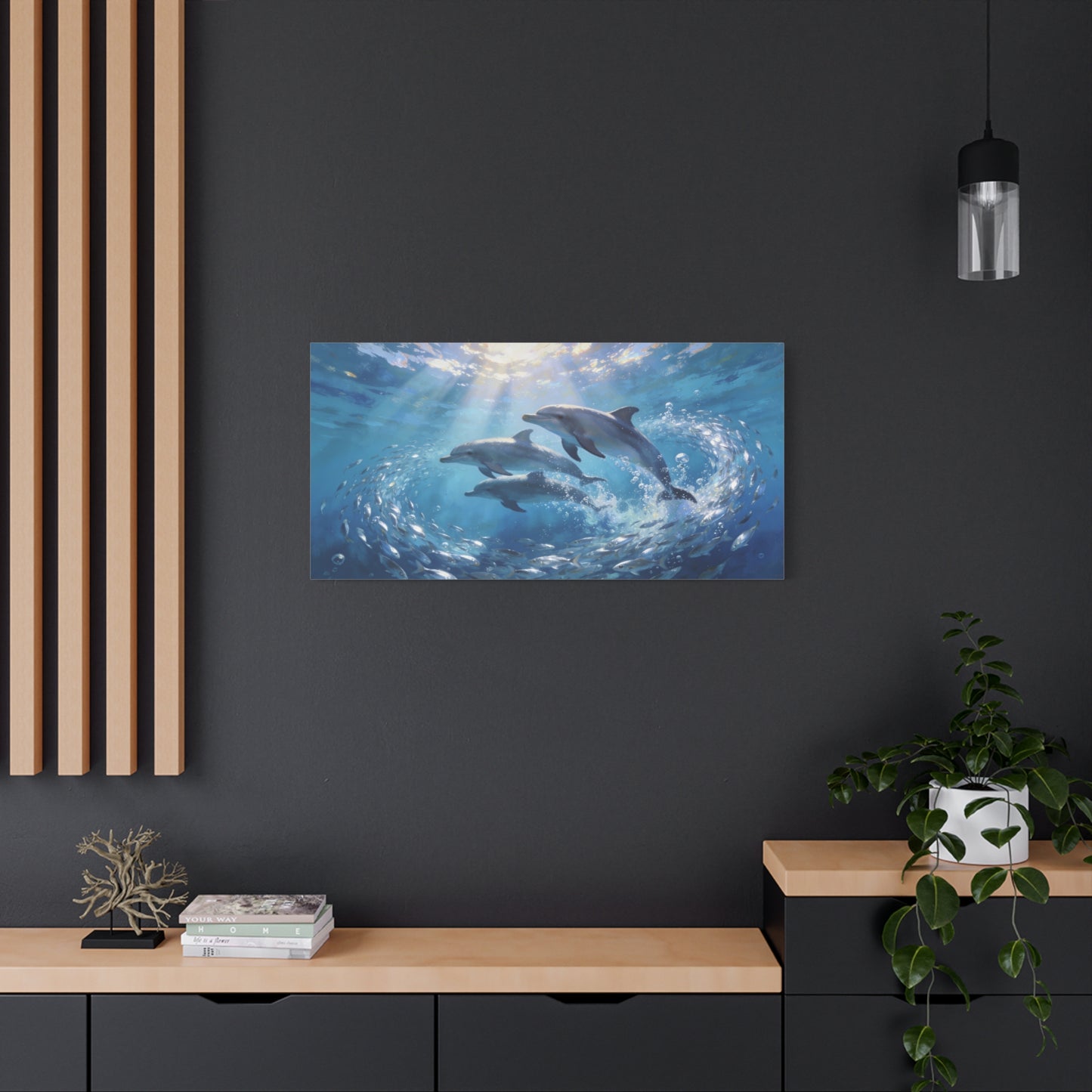 Dolphin Ocean Canvas Wall Art - Blue Underwater Marine Life Scene, Sunbeam Seascape Print - Coastal Style, Serene Living Room Wall Decor, Bedroom Home Decoration Accent - Bedroom Home Decoration