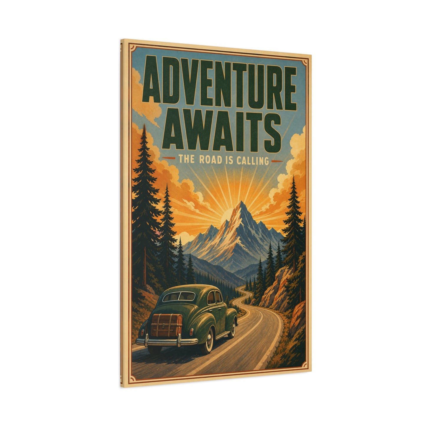 "Adventure Awaits The Road Is Calling" Vintage Travel Canvas Wall Art - Mountain Road Sunrise, Retro Car Poster Print - Adventure Decor, Living Room Wall Decor, Office Art - Bedroom Home Decoration