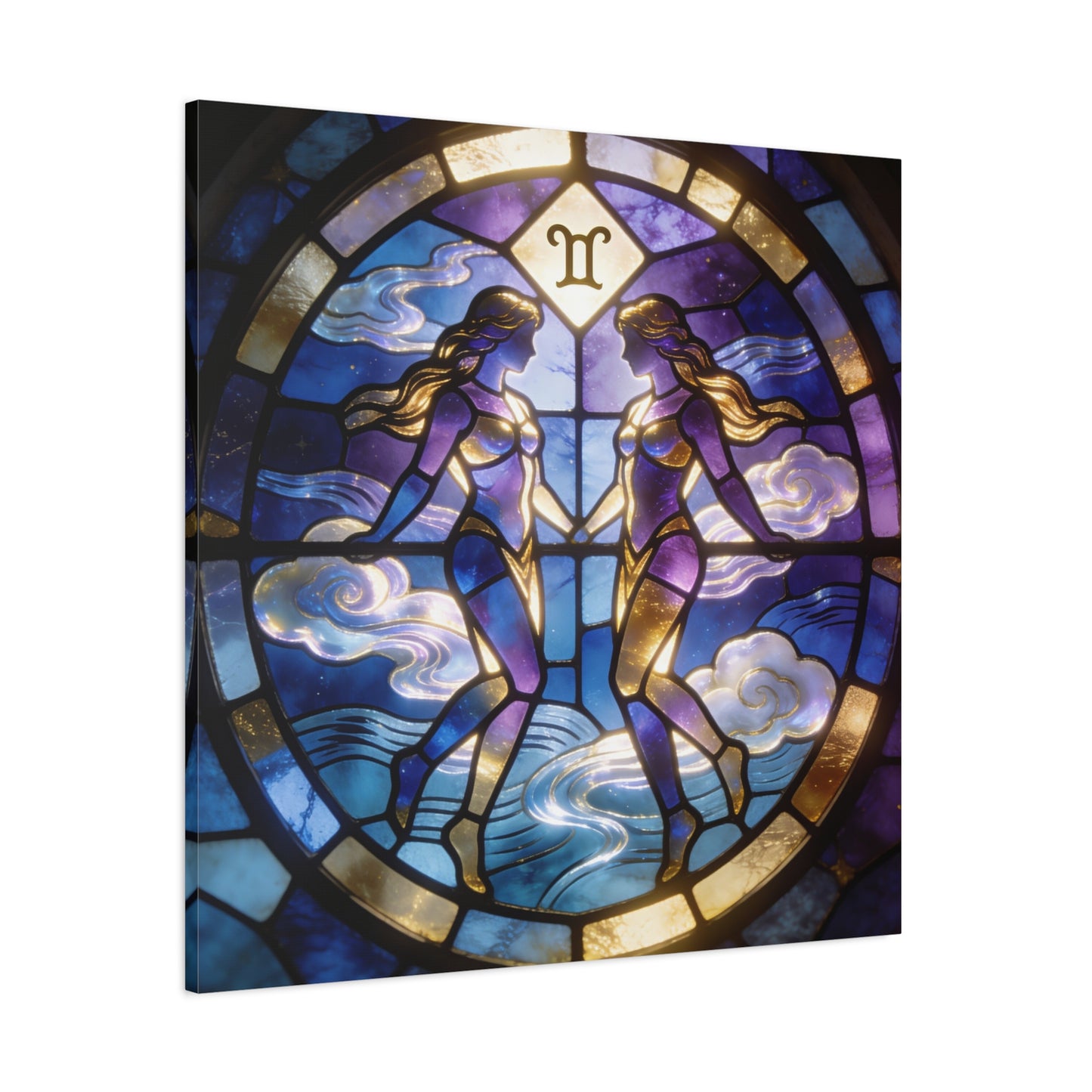 Gemini Zodiac Canvas Wall Art - Stained Glass Twin Women Celestial Print, Blue Purple Gold Astrology Decor - Modern Mystical Artwork - Bedroom Home Decoration Office Wall Art - Bedroom Home Decoration