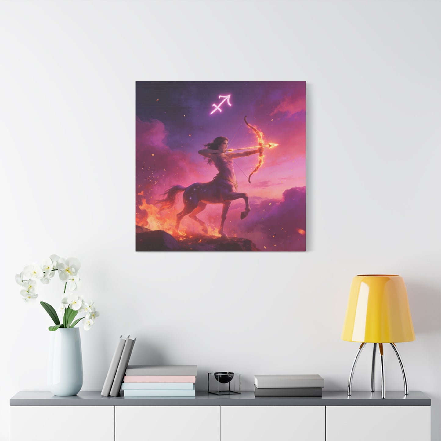 Sagittarius Centaur Archer Canvas Wall Art - Zodiac Fantasy Fire Bow Illustration - Purple Pink Matte Canvas Print - Bedroom Home Decoration, Living Room Wall Decor, Celestial Decor - Ready to Hang