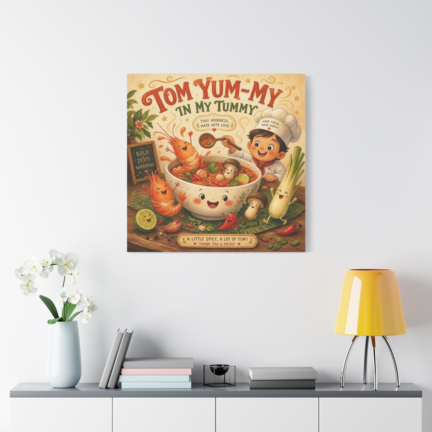 "Tom Yum-My In My Tummy" Canvas Wall Art - Cute Thai Soup Chef Illustration, Whimsical Kitchen Decor - Matte Cotton Canvas Print - Vintage Style Dining Room Wall Decor - Bedroom Home Decoration
