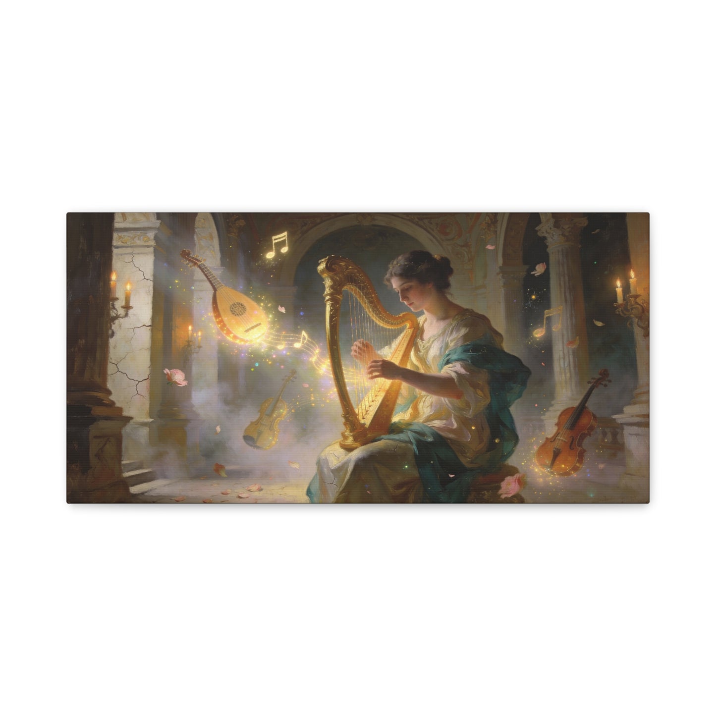Woman Playing Harp Canvas Wall Art - Romantic Music Painting, Glowing Notes, Violin And Lute - Matte Cotton Print - Traditional Style, Living Room Wall Decor, Bedroom Accent - Bedroom Home Decoration