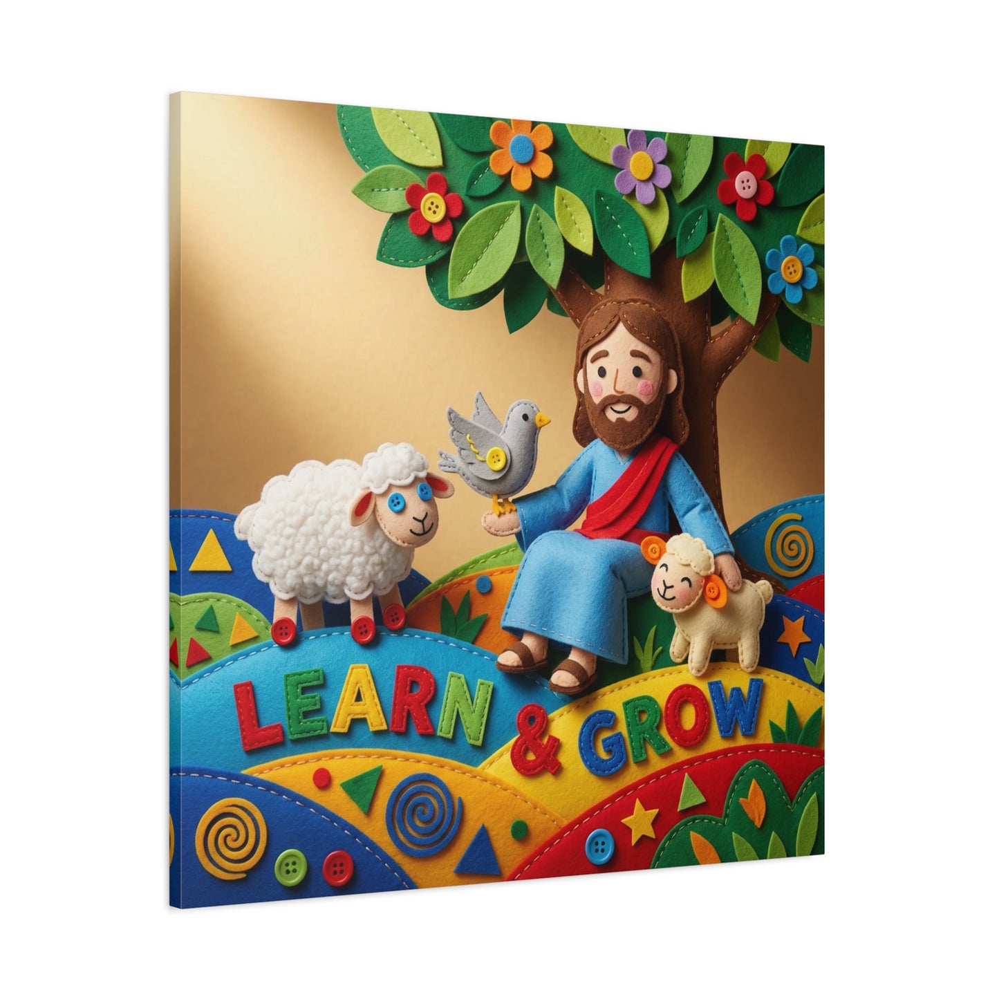 "Learn & Grow" Jesus Canvas Wall Art - Christian Nursery Decor, Lamb And Dove Under Tree - Colorful Felt Style Canvas Print - Kids Room Wall Hanging, Classroom Decoration - Ready to Hang