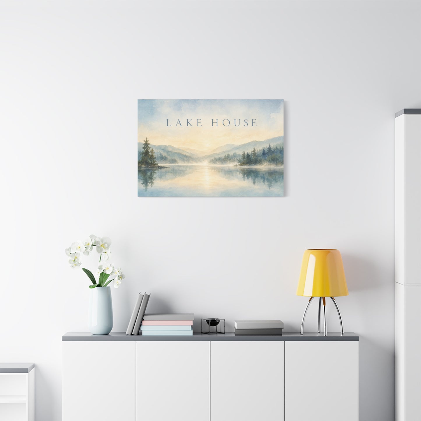 "Lake House" Canvas Wall Art - Misty Mountain Watercolor Landscape Print, Serene Cabin Decor, Rustic Retreat Wall Hanging, Bedroom Home Decoration, Entryway Accent, Vacation Rental Style
