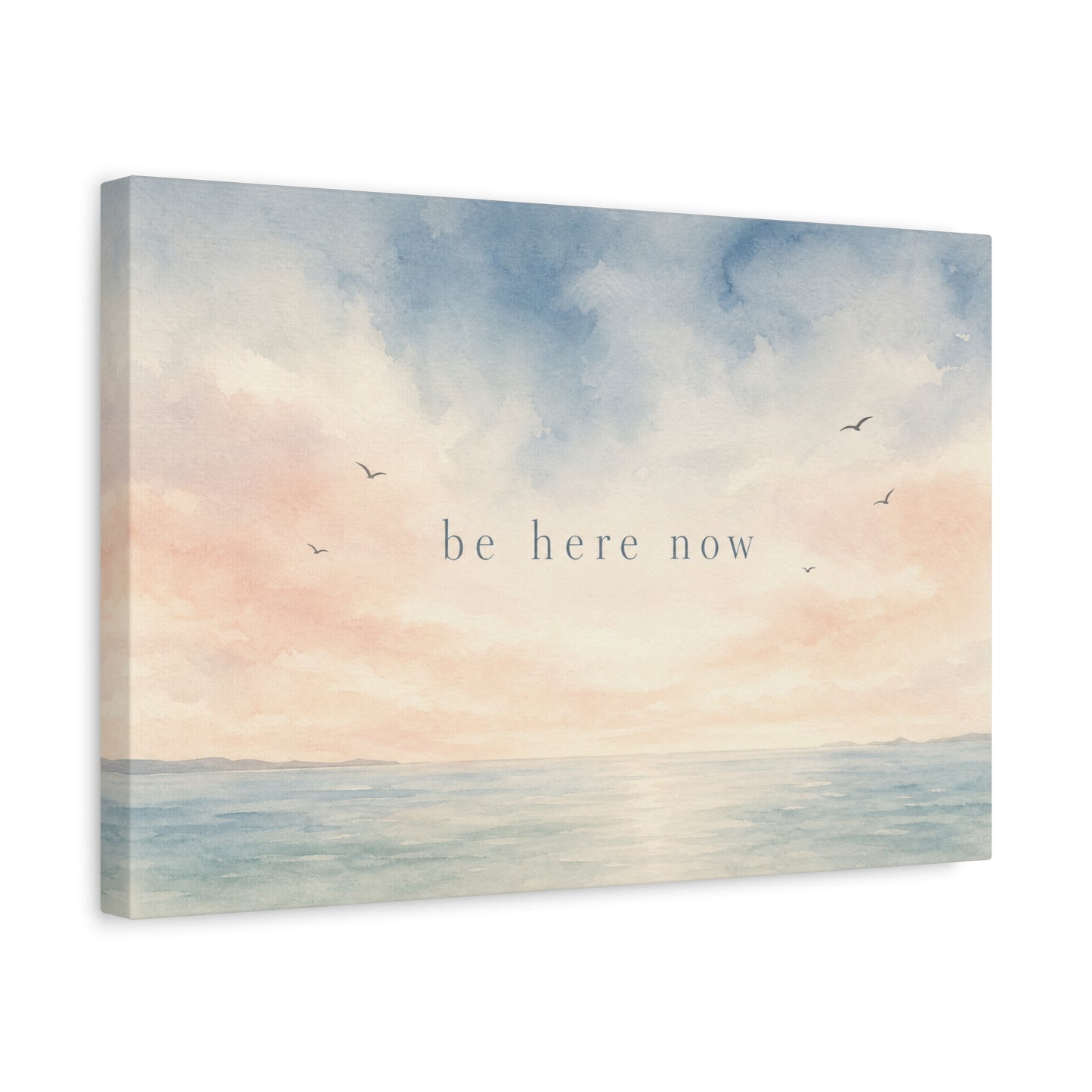 "Be Here Now" Coastal Canvas Wall Art - Pastel Ocean Seascape With Birds - Minimalist Inspirational Wall Decor - Serene Bedroom Home Decoration - Meditation Space Office Art - Bedroom Home Decoration