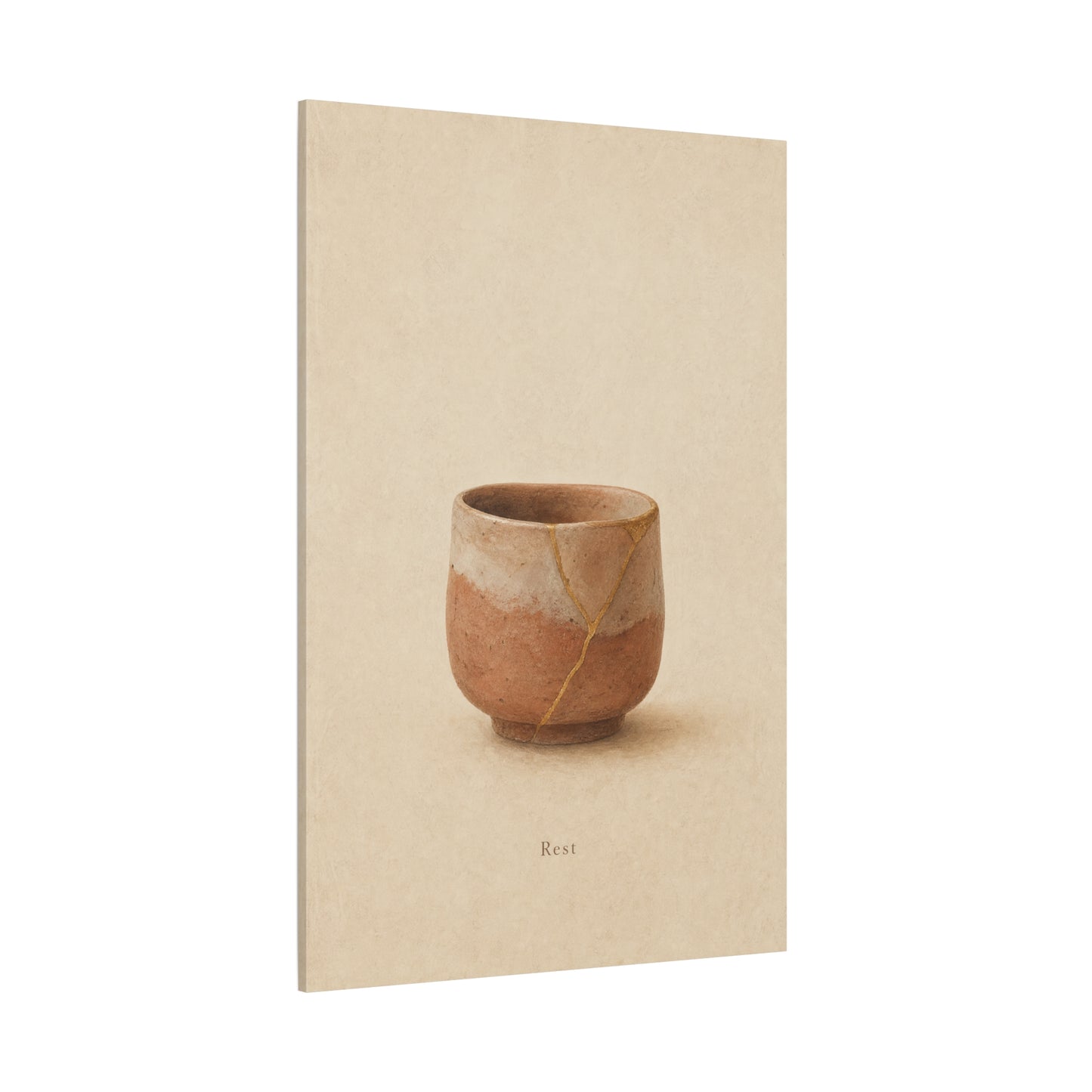 "Rest" Kintsugi Pot Canvas Wall Art - Minimalist Still Life Ceramic Vessel Print - Neutral Beige Brown Japanese Inspired Decor - Bedroom Meditation Space Living Room Home Accent - Office Wall Art