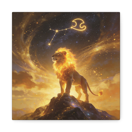 Leo Zodiac Lion Canvas Wall Art - Celestial Astrology Constellation Print, Glowing Gold Cosmic Sky - Fantasy Style, Living Room Wall Decor Bedroom Home Decoration Office Art - Bedroom Home Decoration