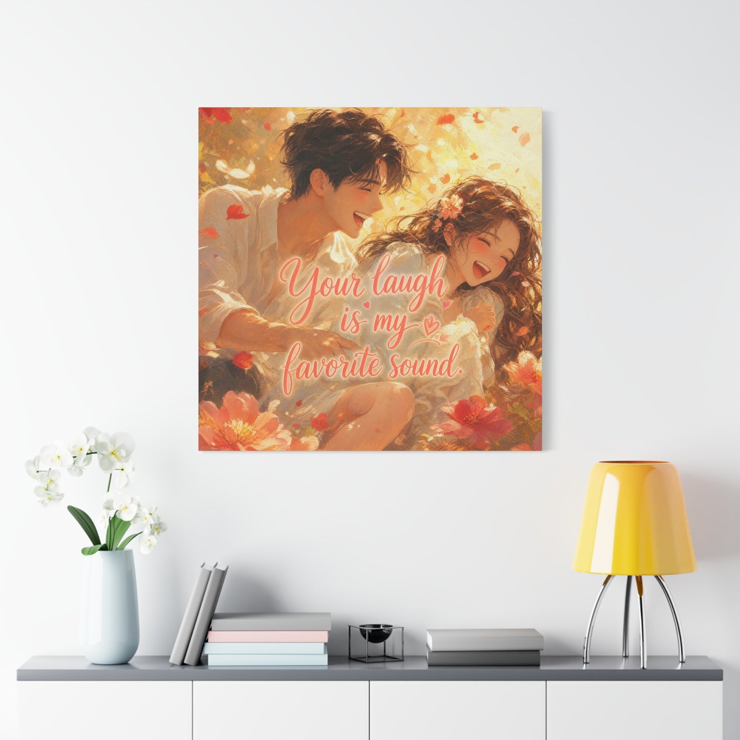 "Your Laugh Is My Favorite Sound" Romantic Couple Canvas Wall Art - Floral Love Quote Print - Warm Golden Painterly Style - Bedroom Wall Decor, Living Room Home Decoration - Bedroom Home Decoration