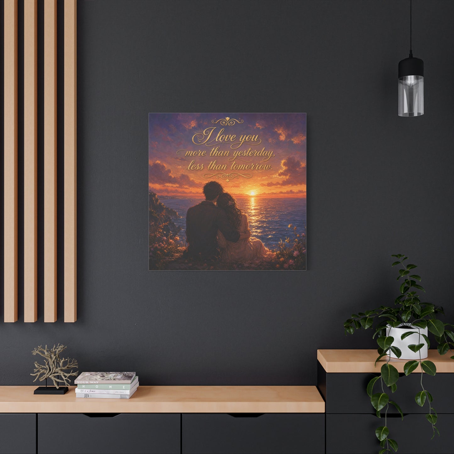 "I Love You More Than Yesterday, Less Than Tomorrow." Love Quote Canvas Wall Art - Romantic Sunset Ocean Couple Silhouette - Gold Script Seascape - Bedroom Wall Decor - Ready to Hang - Ready to Hang