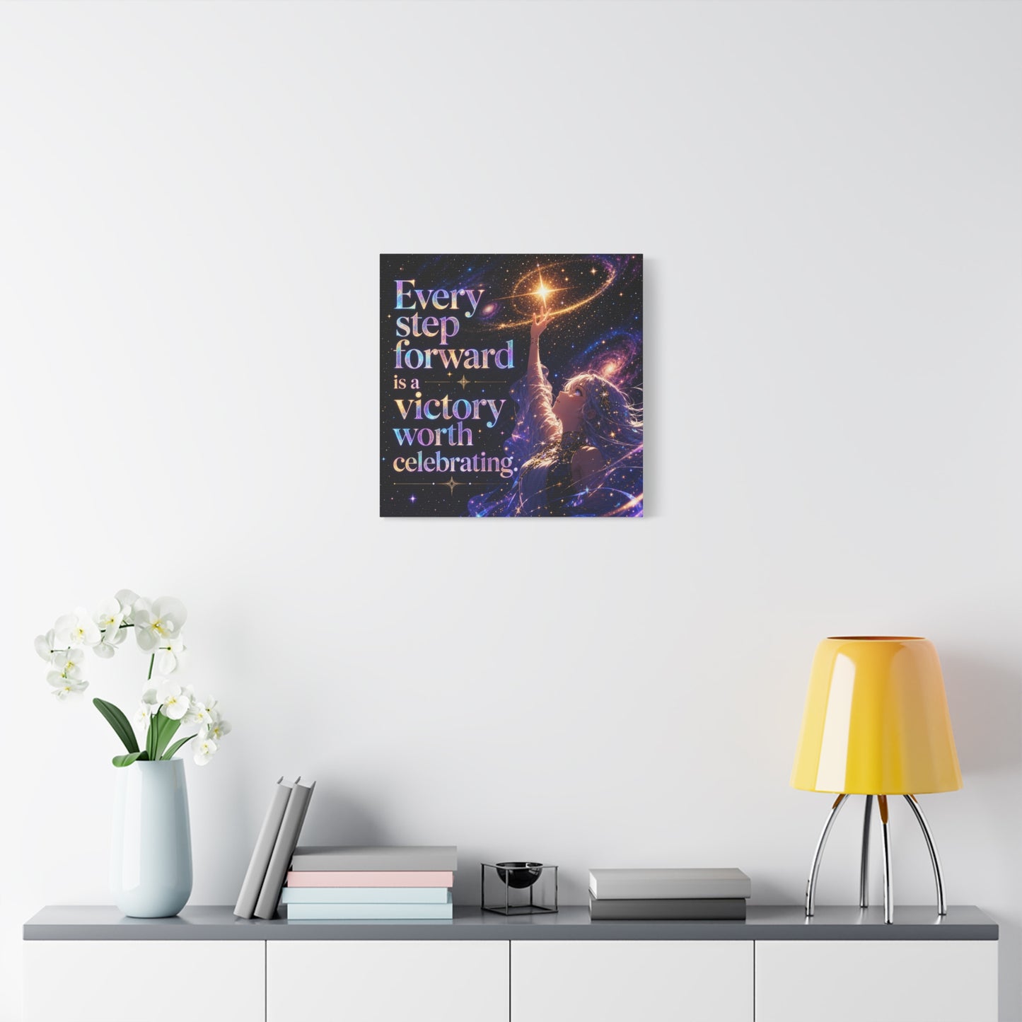 "Every Step Forward Is A Victory Worth Celebrating" Inspirational Canvas Wall Art - Cosmic Anime Girl Galaxy Quote Print - Celestial Purple Blue Decor - Bedroom Home Decoration - Office Wall Art