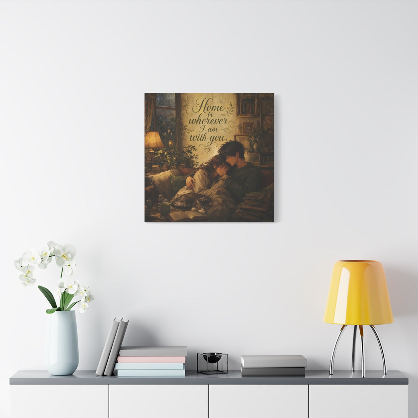 "Home Is Wherever I Am With You." Couple Canvas Wall Art - Romantic Cozy Reading Nook Quote Print - Vintage Warm Lamplight Style - Living Room Wall Decor, Bedroom Home Decoration - Ready to Hang