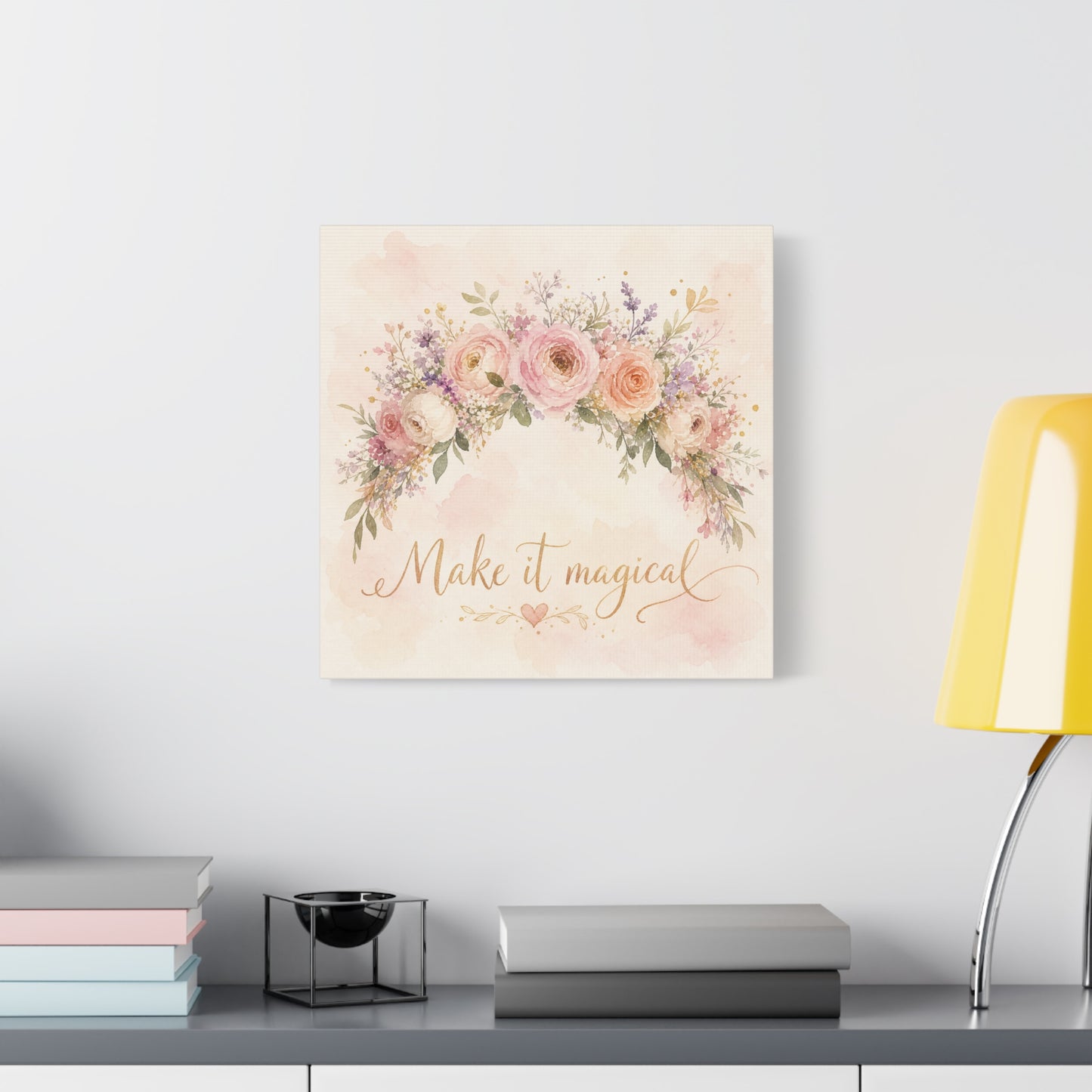 "Make It Magical" Floral Canvas Wall Art - Blush Rose Watercolor Quote Print, Pink Botanical Home Decor, Girls Bedroom Wall Decoration, Nursery Accent, Bohemian Living Room Style - Ready to Hang