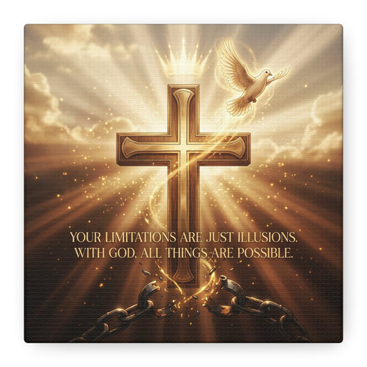 "Your Limitations Are Just Illusions. With God, All Things Are Possible." Christian Canvas Wall Art - Glowing Cross, White Dove, Crown, Broken Chains - Gold Religious Wall Decor For Living Room