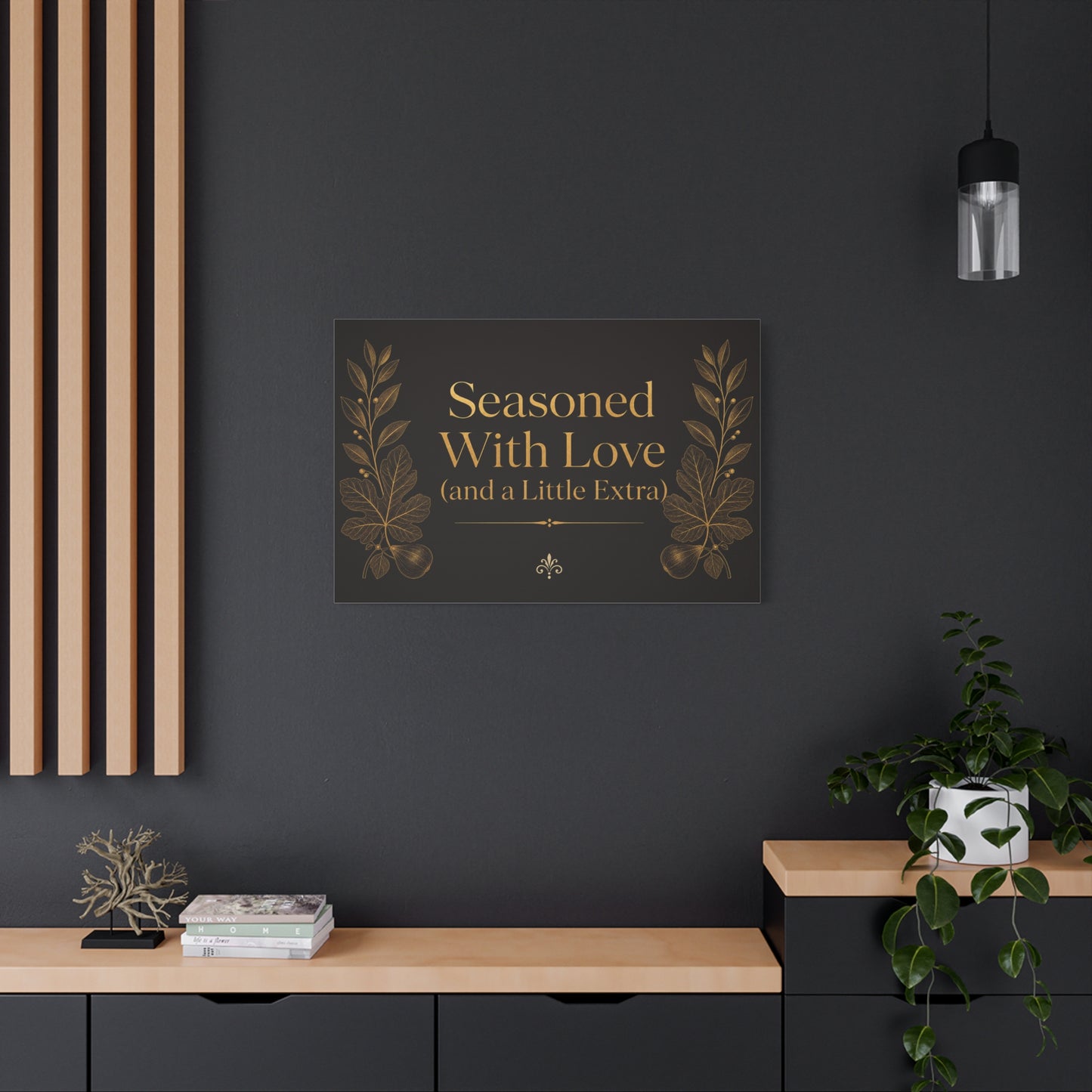 "Seasoned With Love (and a Little Extra)" Typography Canvas Wall Art - Black And Gold Kitchen Quote Decor, Vintage Botanical Cooking Wall Hanging, Dining Room Home Decoration - Bedroom Home Decoration